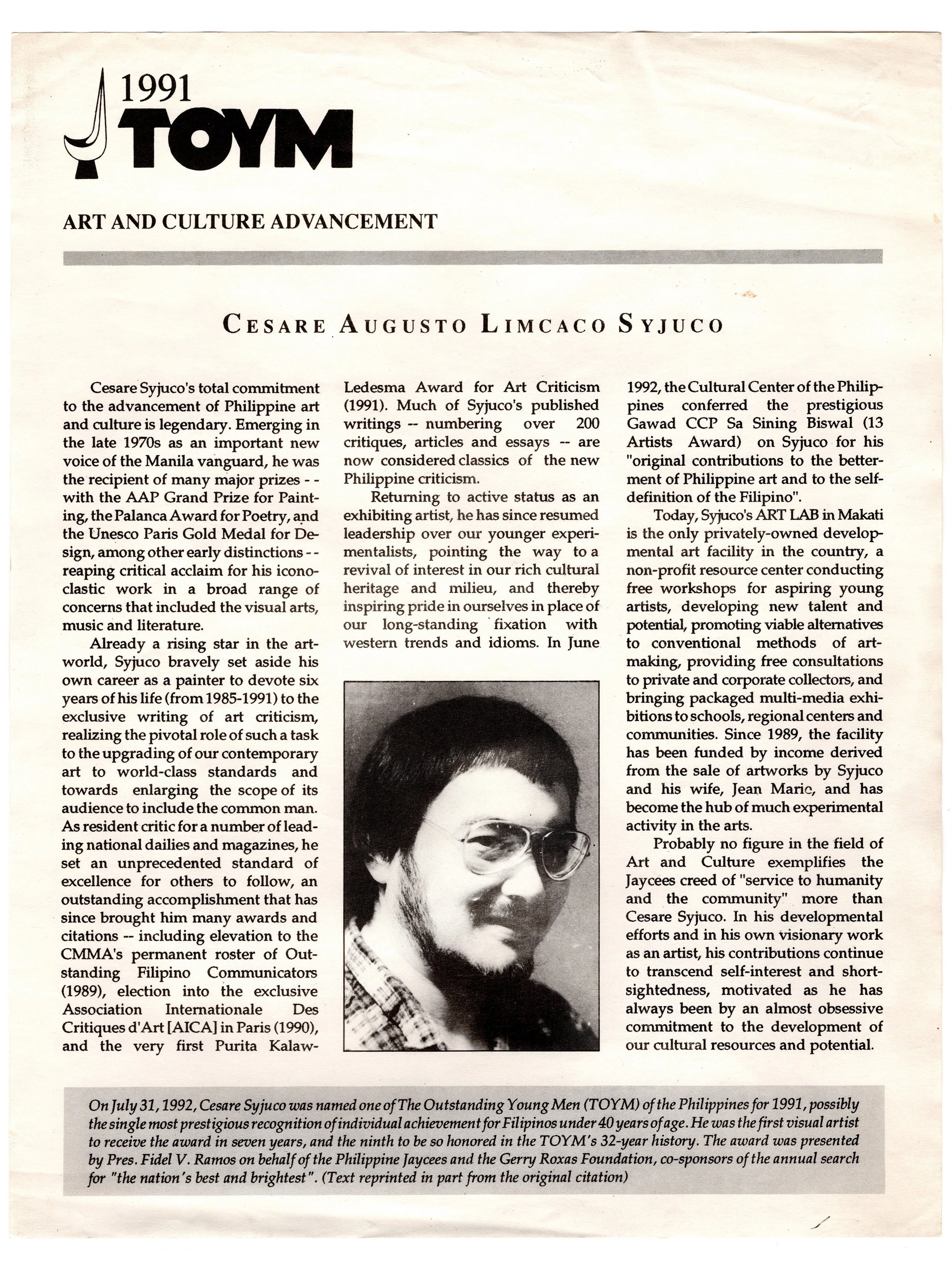 Cesare A.X. Syjuco: "Cesare Augusto Limcaco Syjuco: TOYM Awardee for Art and Culture Advancement, 1991", Philippine Jaycees and the Gerry Roxas Foundation (1992)