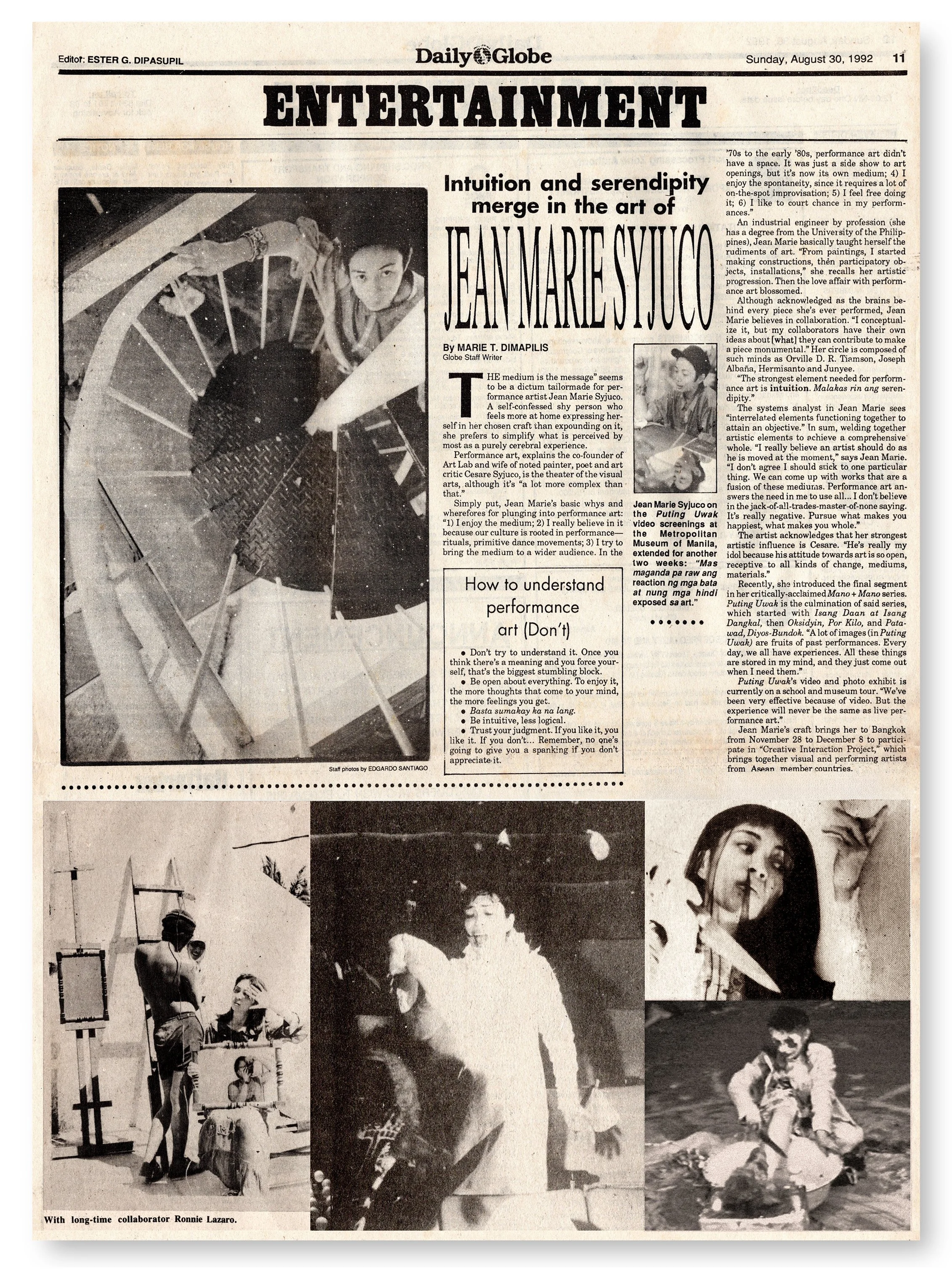 A black and white newspaper page from the Daily Globe dated Sunday, August 30, 1992, featuring performance artist, sculptor, painter and installation artist Jean Marie Syjuco. Art Lab The Syjuco Museum