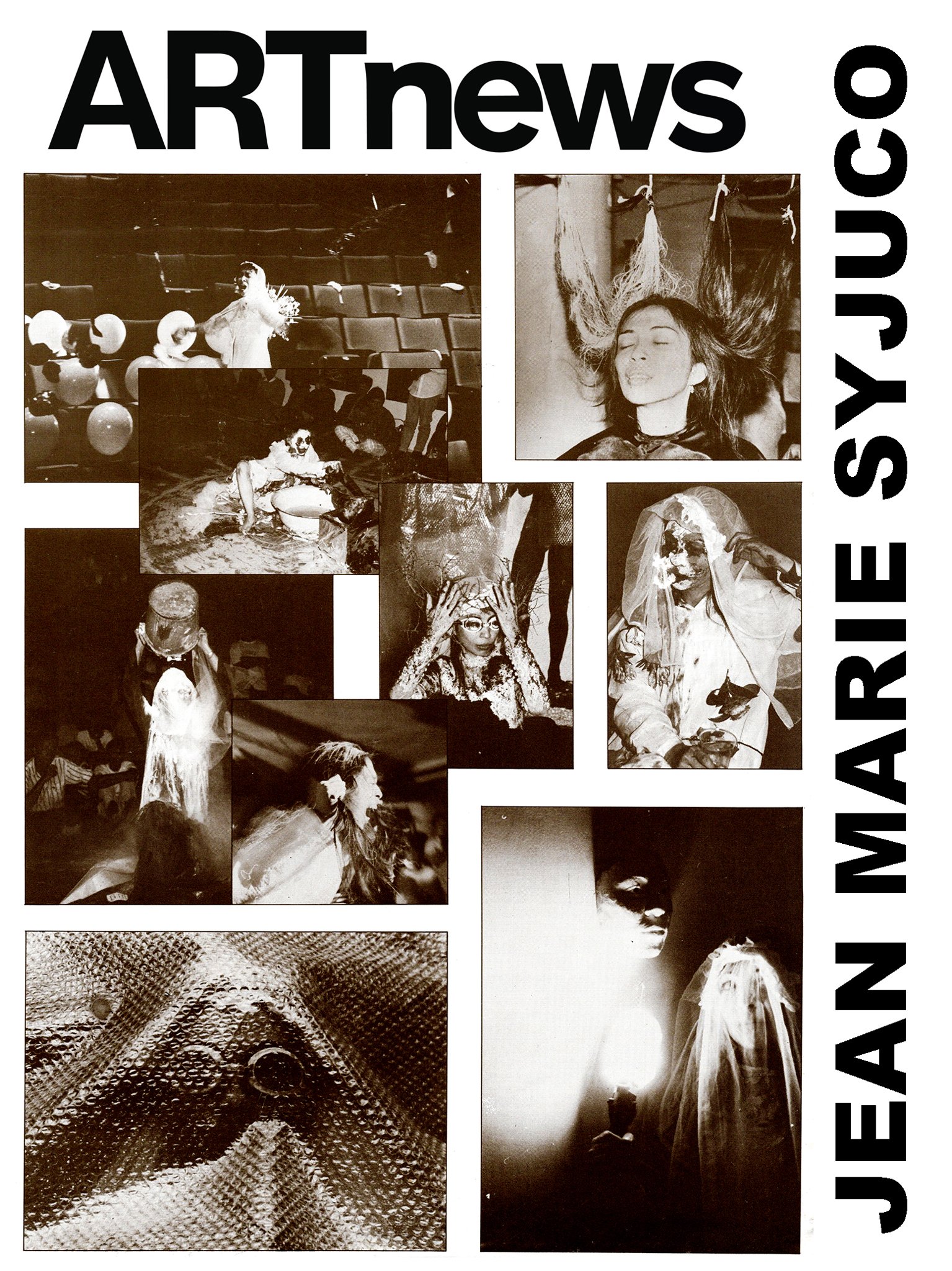 Collage of black-and-white photographs showing people in creative, artistic settings, including a woman at a performance, a person with drawn face makeup, and various artistic textures and props, with overlay text reading 'ART news ARCHIVE'. 