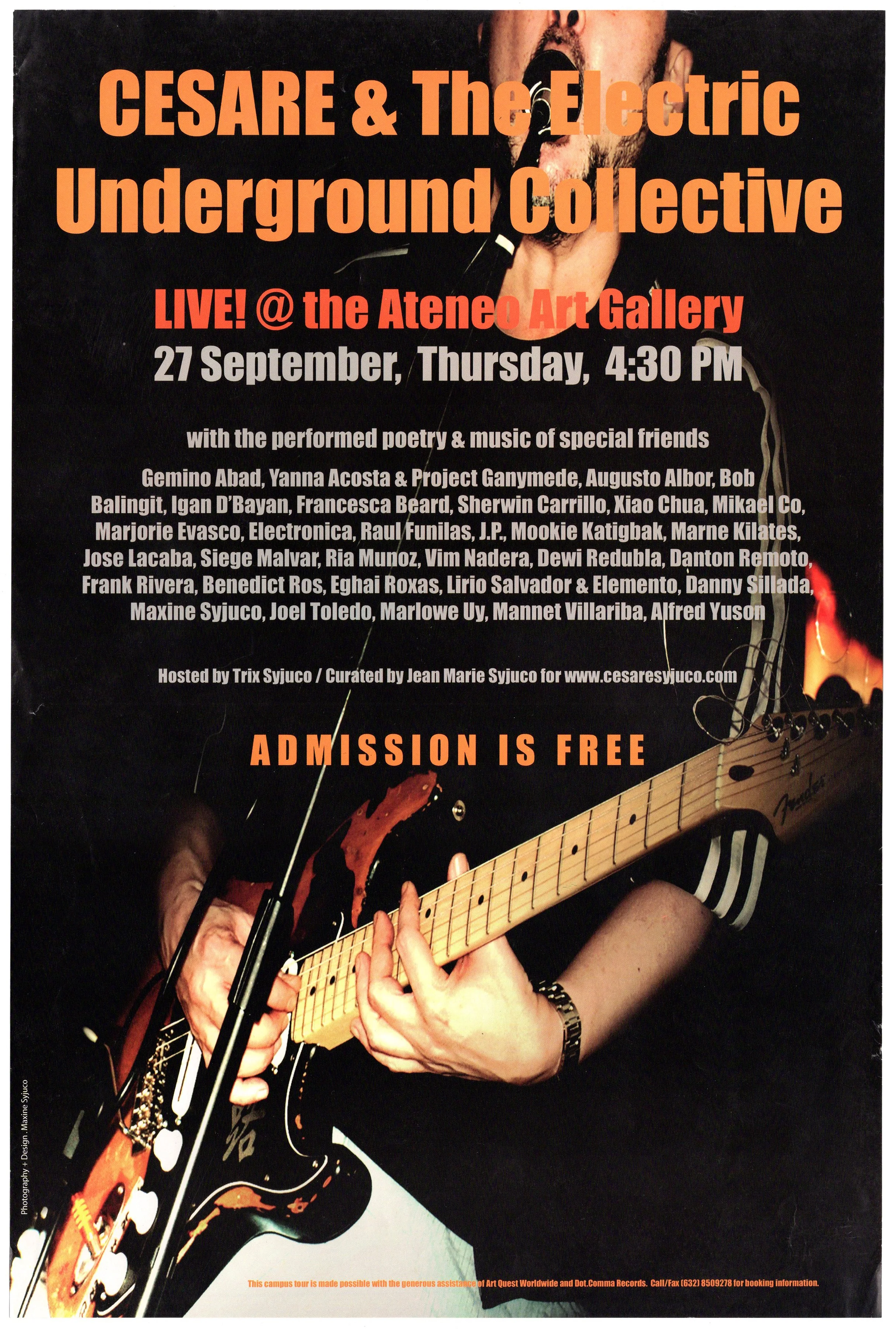 Cesare Syjuco and The Electric Underground Collective performance art and poetry event at Ateneo Art Gallery. Poster designed by Maxine Syjuco - Art Lab The Syjuco Museum