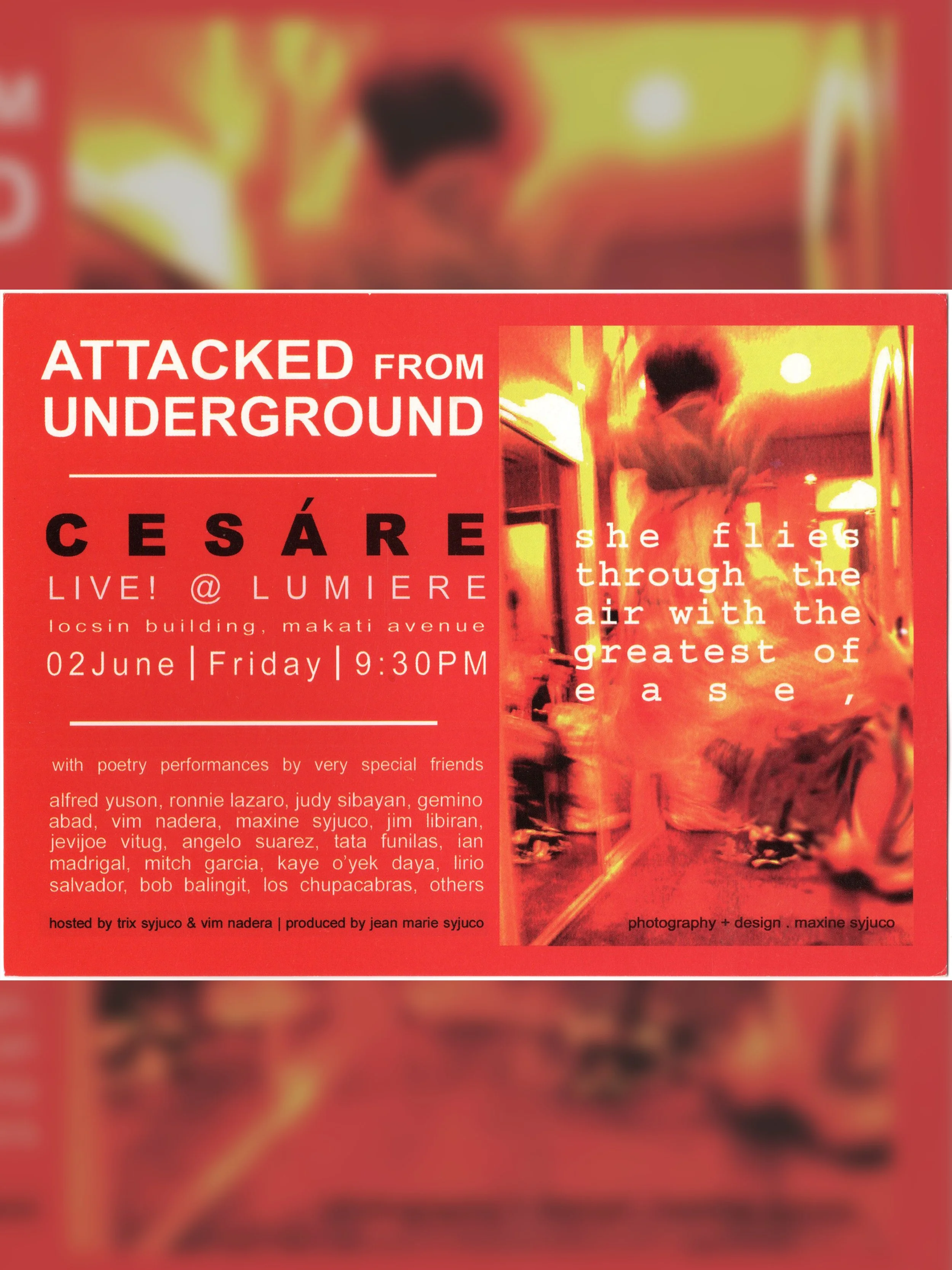 Cesare A.X. Syjuco • Maxine Syjuco • Alfred Yuson • Ronnie Lazaro • Judy Sibayan • Germino Abad • Vim Nadera • Jim Libiran • Jevijoe Vitug • Angelo Suarez • Tata Funilas • Ian Madrigal • Mitch Garcia • Kaye O'yek Daya • Lirio Salvador • Art Casanova 