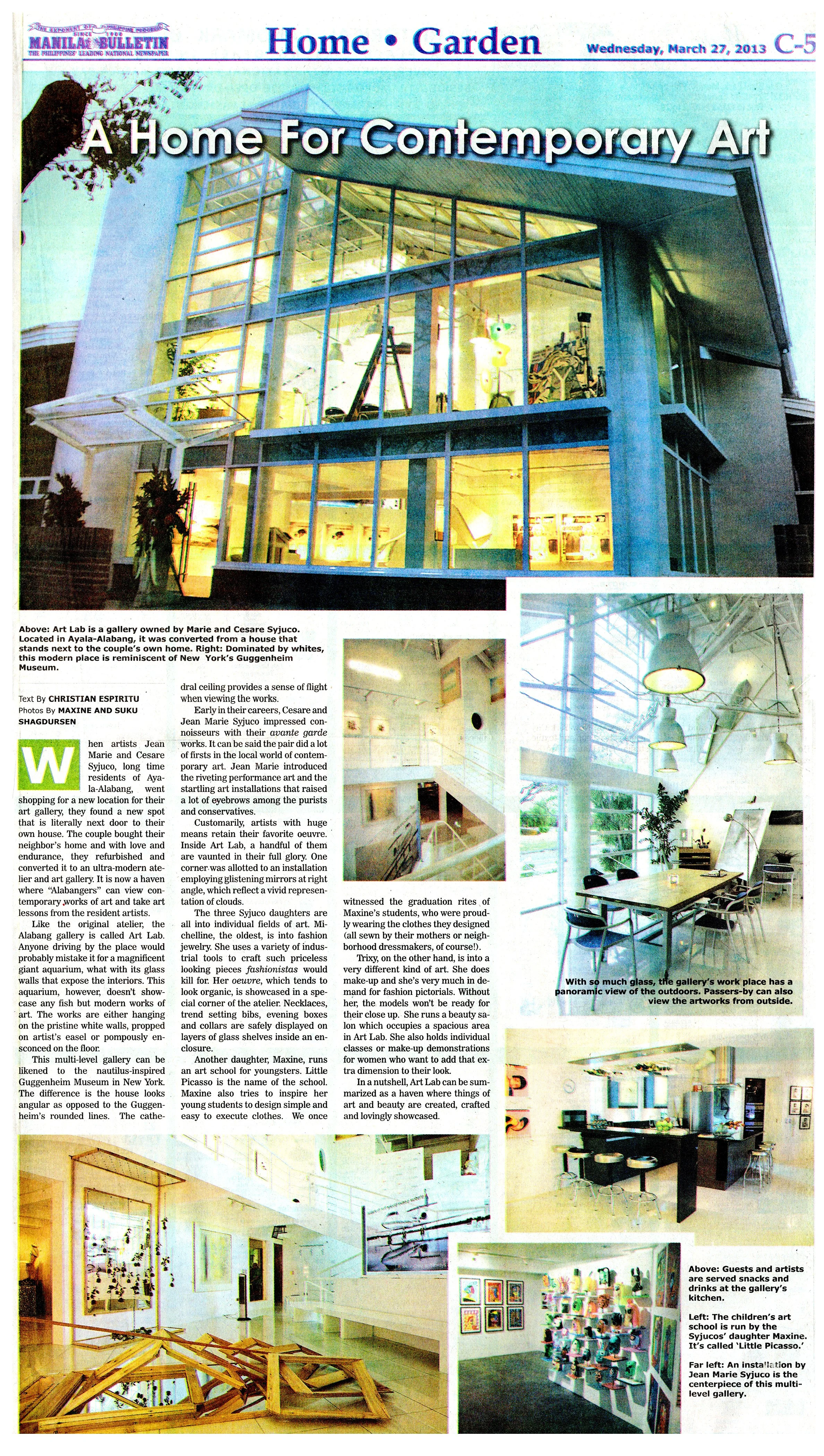 Photos of a modern art gallery with glass walls and contemporary interior design, featuring artwork, a children's art school, and an installation using wooden frames.