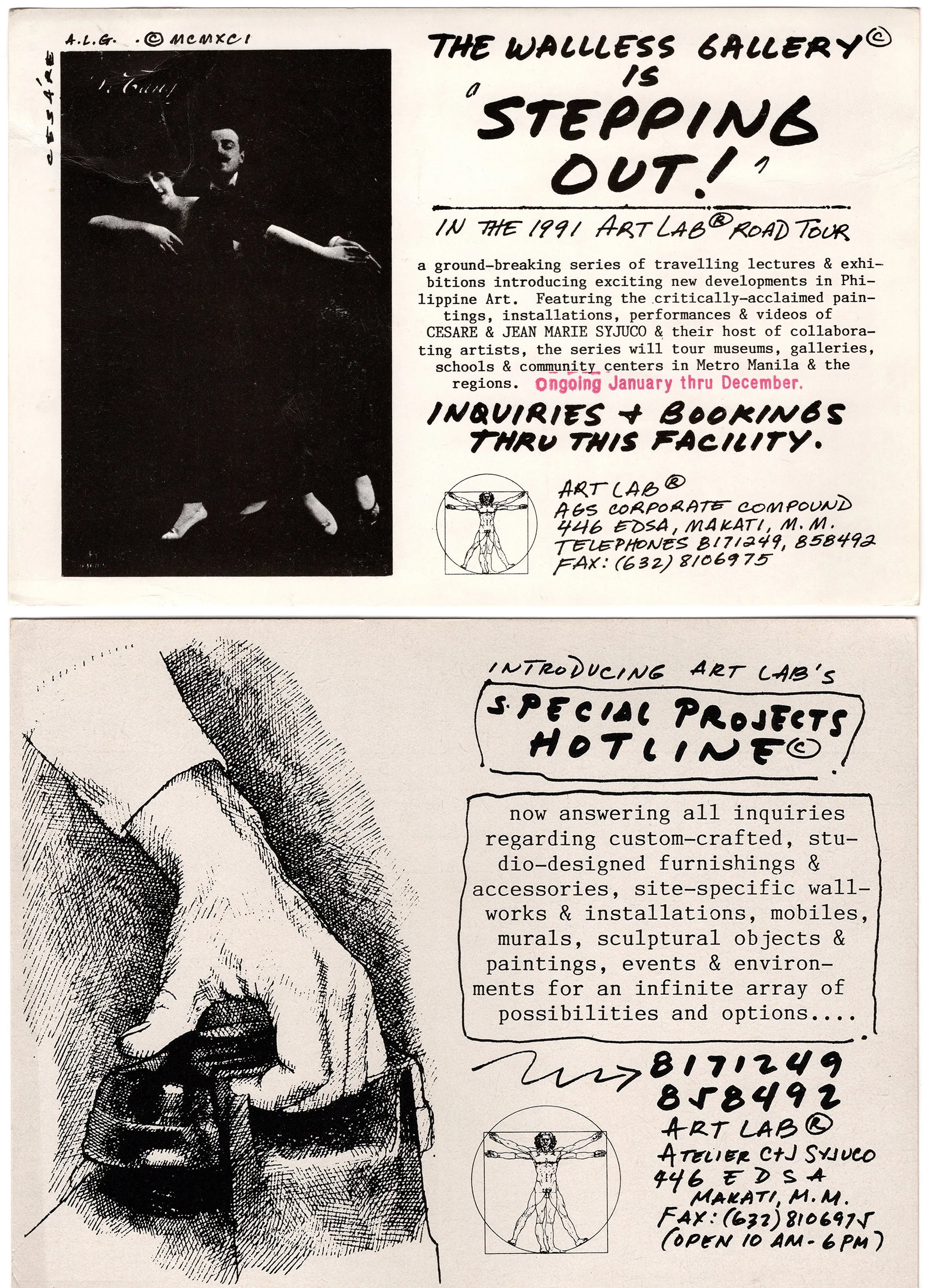 A flyer promoting the Wallless Gallery's touring art lab series in Manila, featuring contemporary Philippine art, exhibitions, and workshops, with contact information and dates.