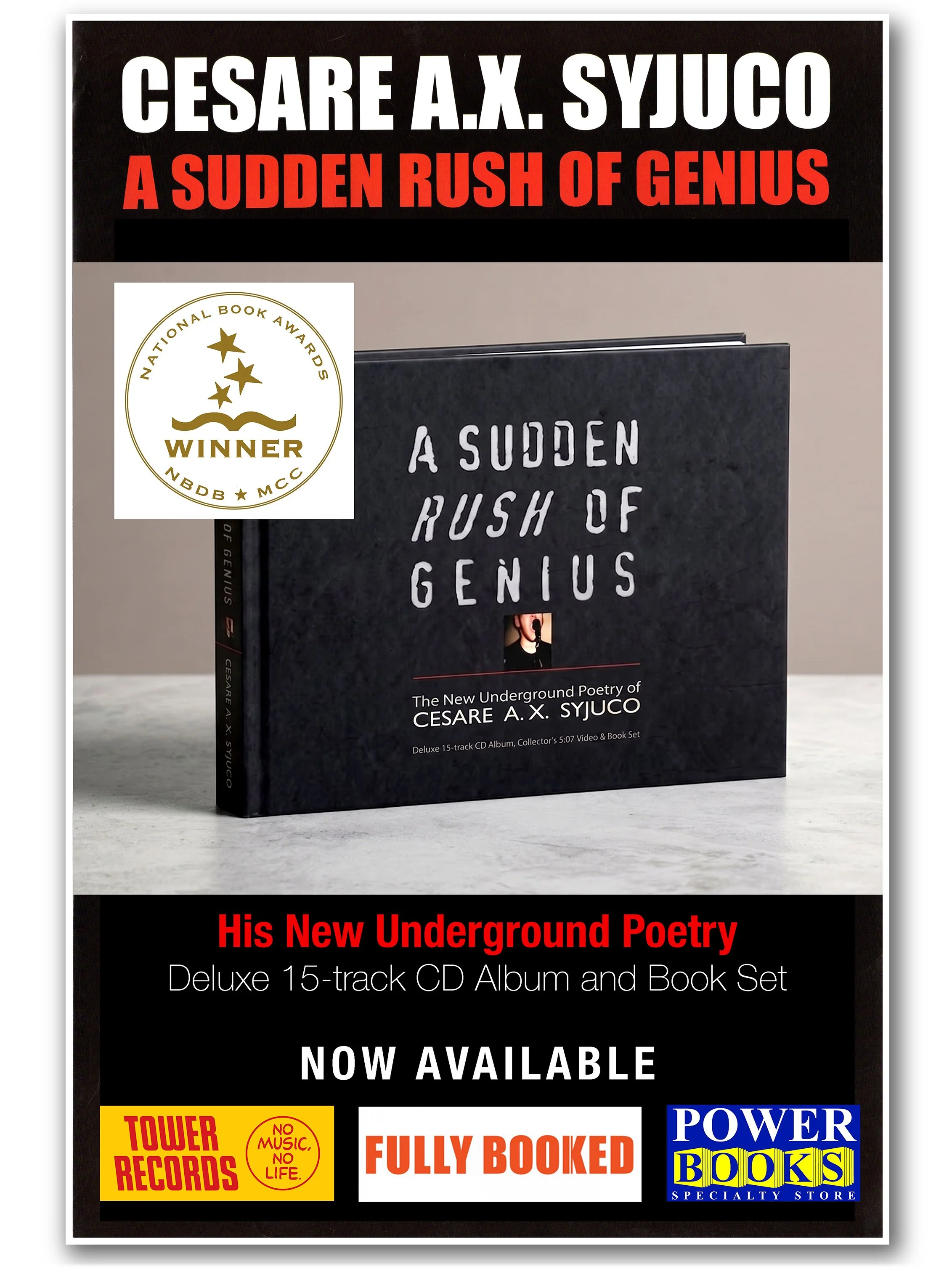 cesare a.x. Syjuco - poetry book and cd album - a sudden rush of genius - design by Maxine Syjuco - spoken word poetry - performance art - art lab the Syjuco museum