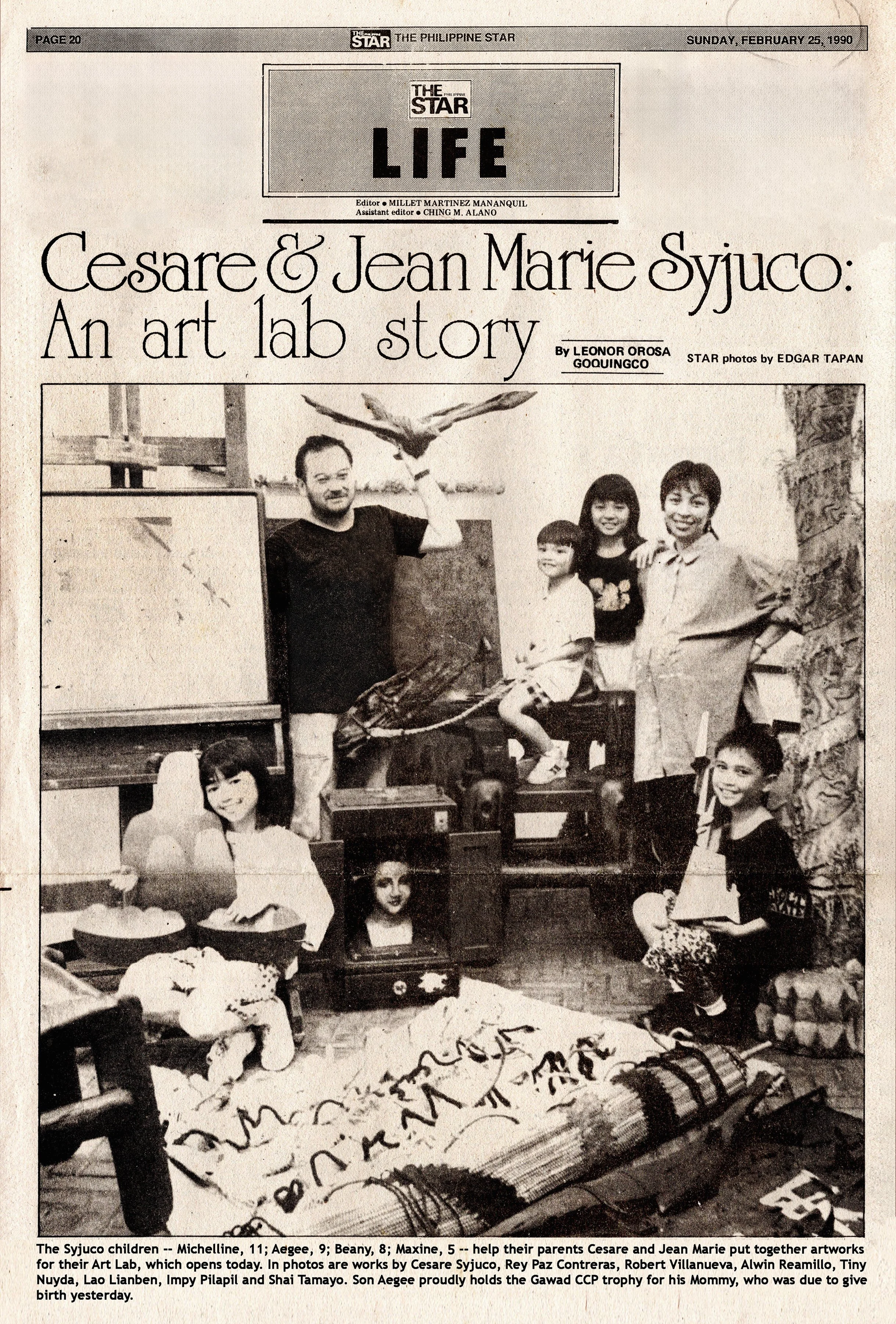 Artists Cesare A.X. Syjuco, Jean Marie Syjuco, and their children Maxine, A.G. Beatrix, Michelline. Newspaper feature and article titled "Cesare and Jean Marie Syjuco:  An Art Lab Story" written by Leonor Orosa Goquingco. ART LAB: The Syjuco Museum.