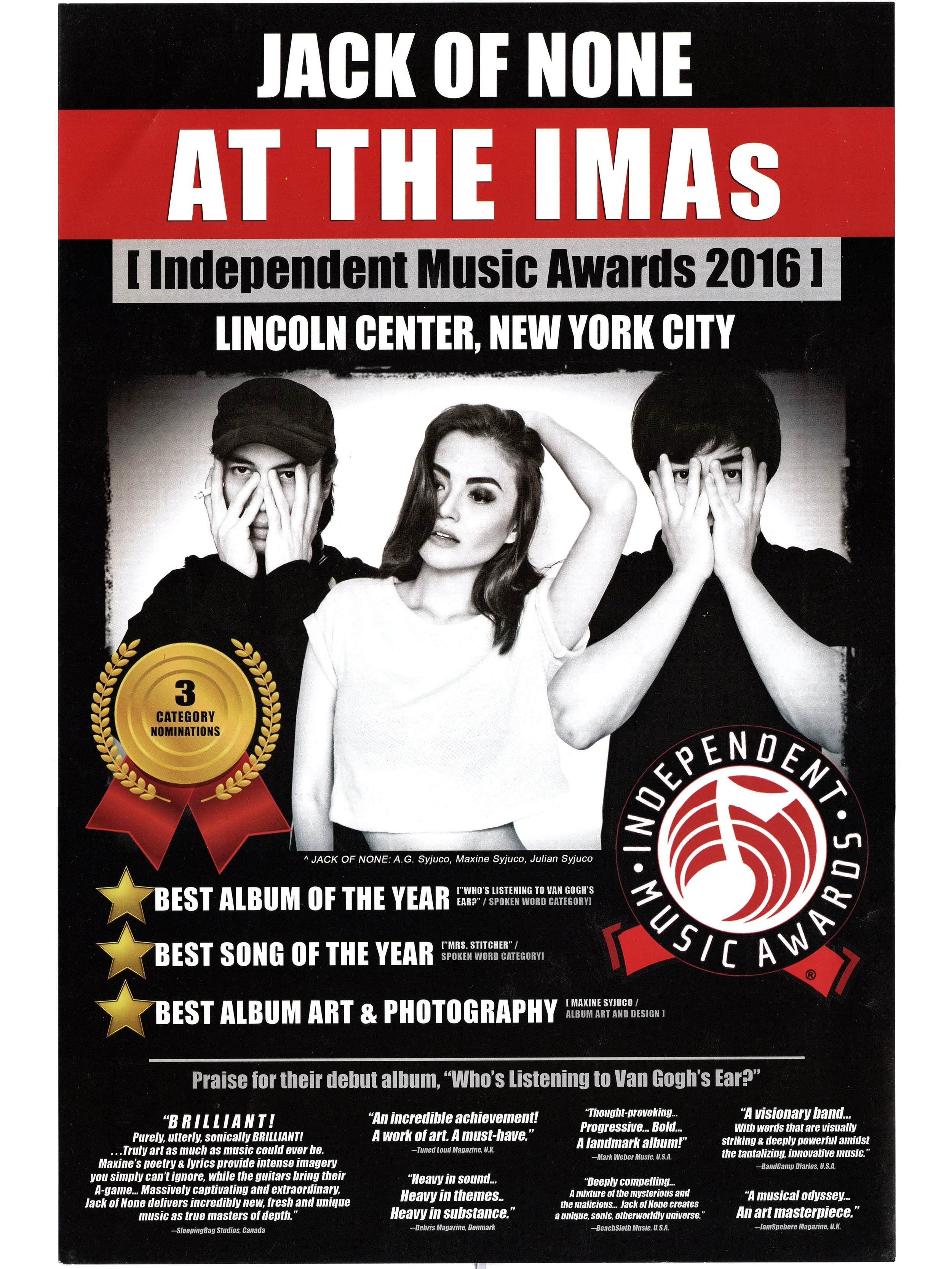 Jack of None Band [feat. A.G. Syjuco • Maxine Syjuco • Julian Syjuco]: "At The IMAs [Independent Music Awards 2016]", Lincoln Center, NYC (2016) - Design by Maxine Syjuco