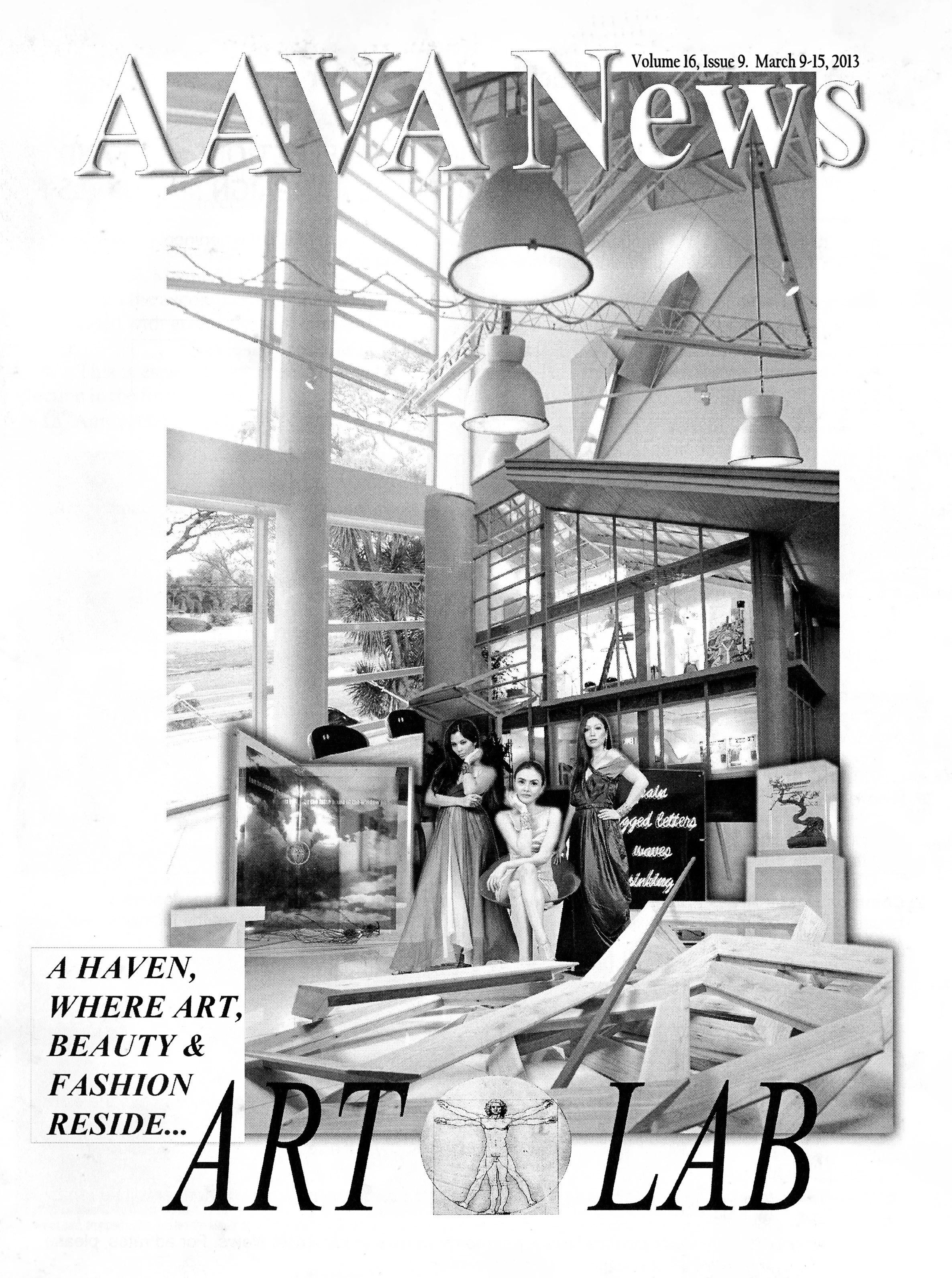 Front page of a magazine titled 'AAVANews' with a large headline 'ART LAB' and a quote, 'A HAVEN, WHERE ART, BEAUTY & FASHION RESIDE...'. The background shows a modern interior with large windows, hanging lights, and several women. There are several 