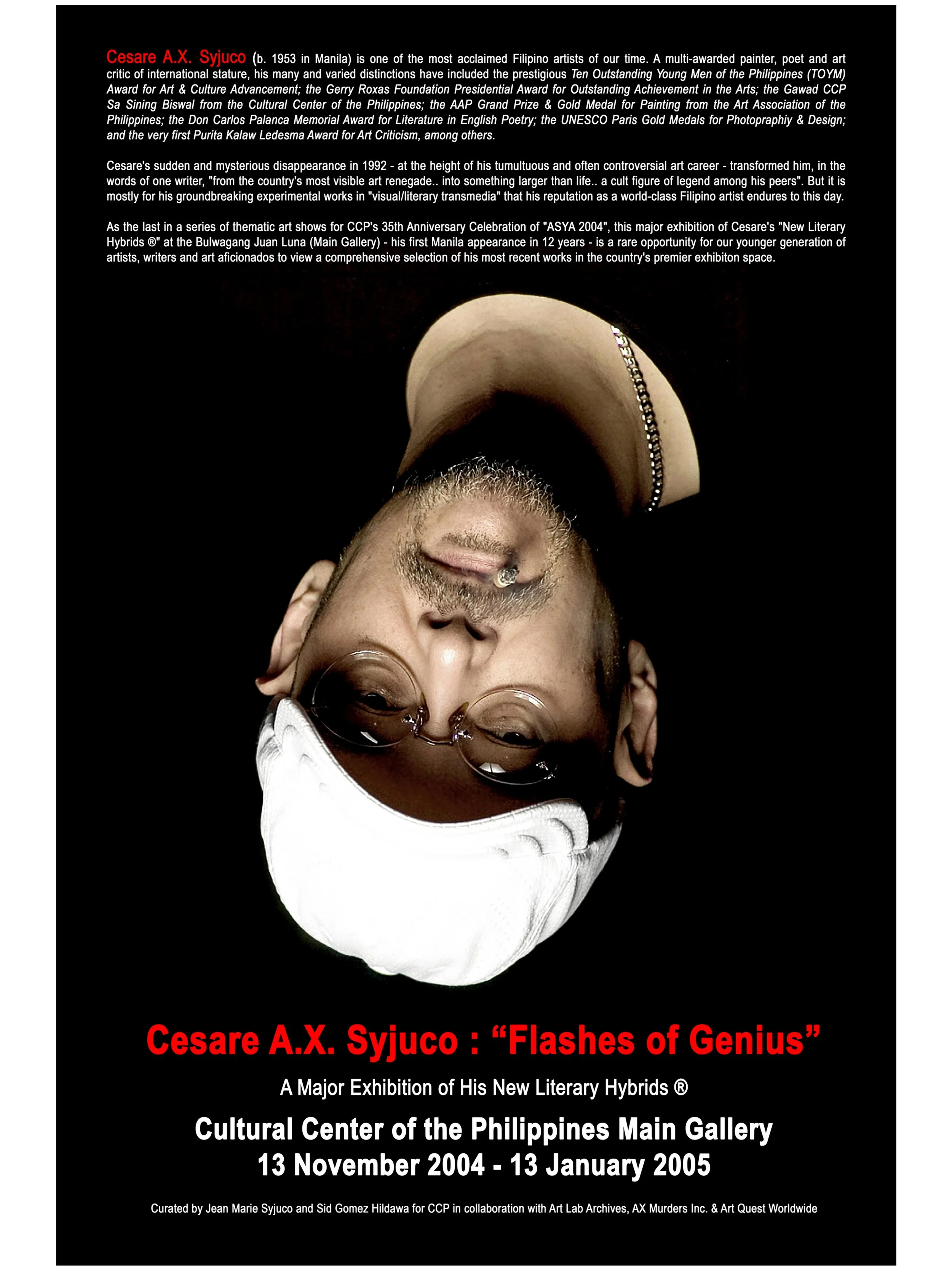 Cesare A.X. Syjuco: "Flashes of Genius (A Major Exhibition of His New Literary Hybrids®)", Cultural Center of the Philippines (2004 - 2005) - Design by Jean Marie Syjuco