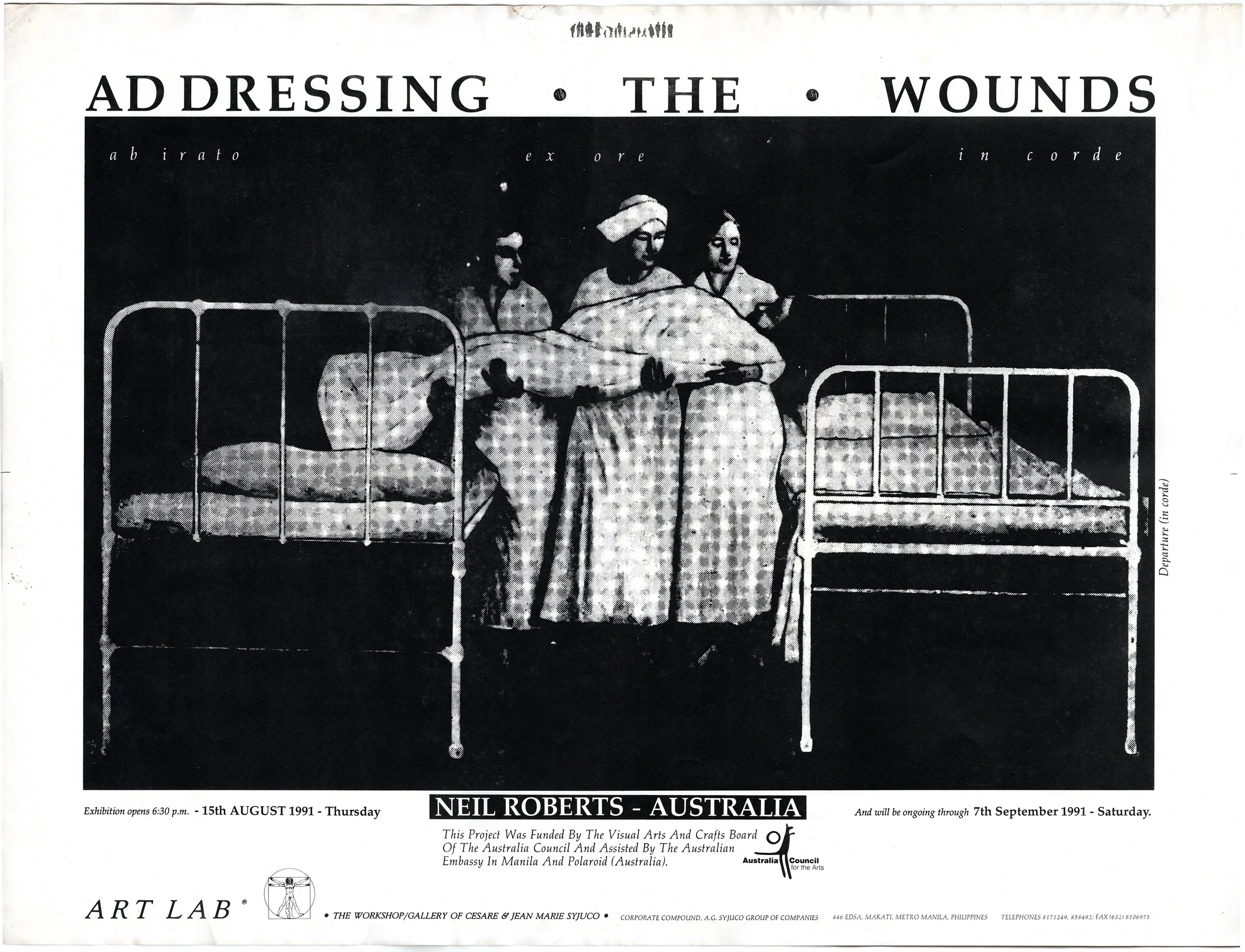 Artist Neil Roberts, exhibit poster for ART LAB: The Workshop / Gallery of Cesare and Jean Marie Syjuco, circa 1990s. Exhibition title: "Addressing the Wounds". ART LAB: The Syjuco Museum.
