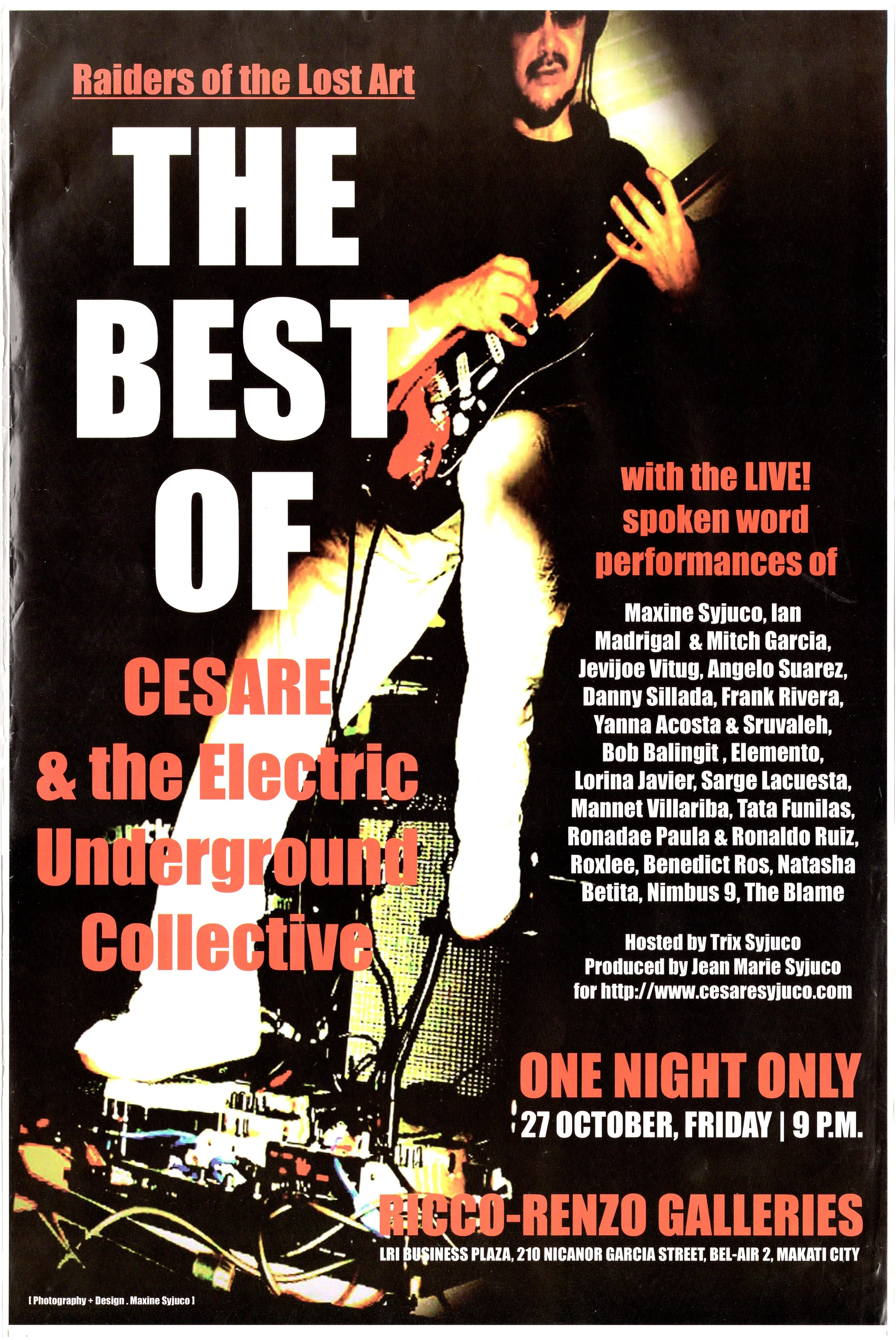Poster for a music event titled 'Raiders of the Lost Art' featuring Cesare with the live spoken word performances of several artists, including Maxine Sjuco, Ian Madrigal, Mitch Garcia, and others. The event is scheduled for October 27th, at Ricco-Re