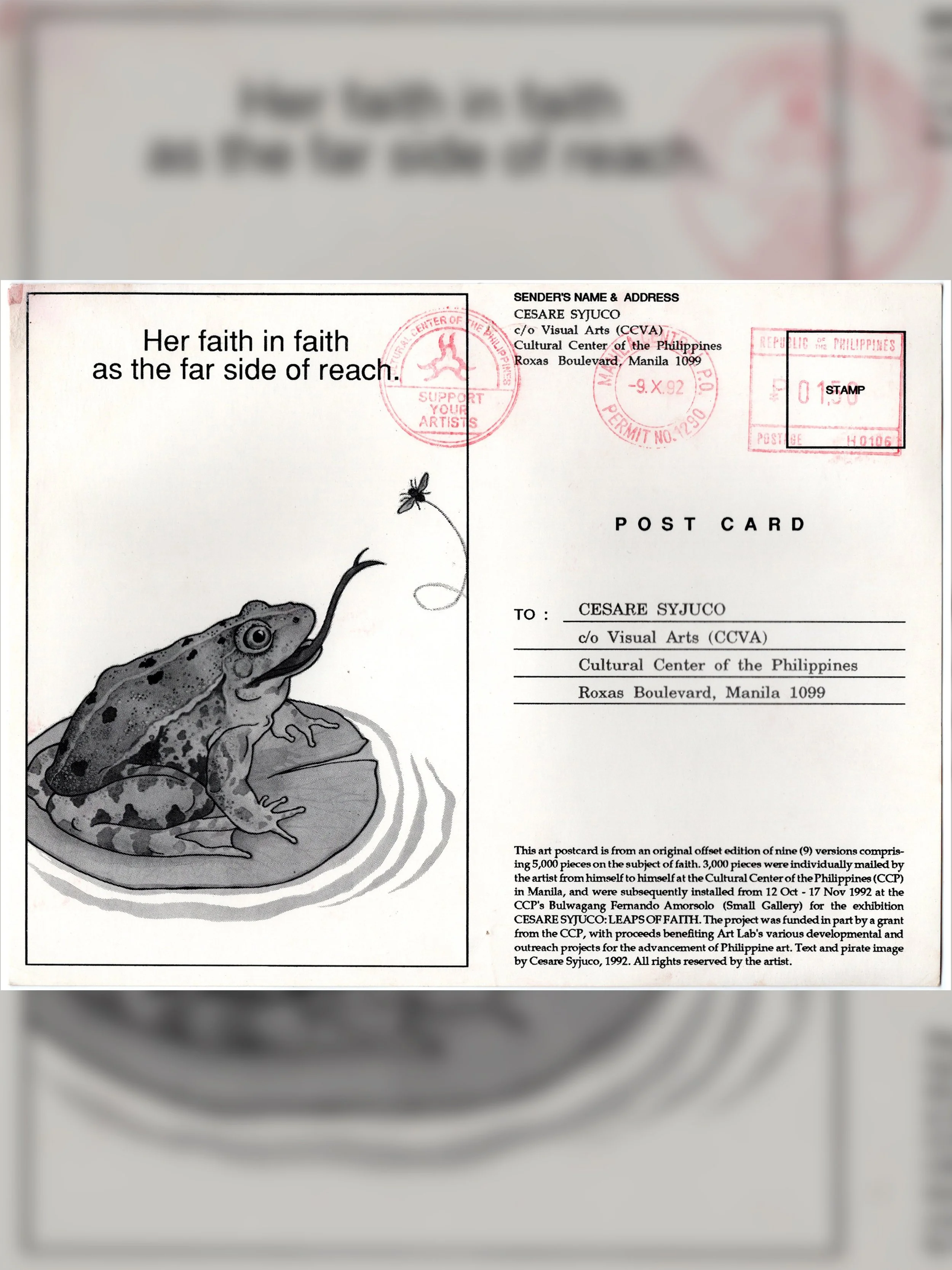 Cesare A.X. Syjuco: "Leaps of Faith (3,000 Postcards from Himself to Himself)", Cultural Center of the Philippines (1992) - Design by Cesare A.X. Syjuco