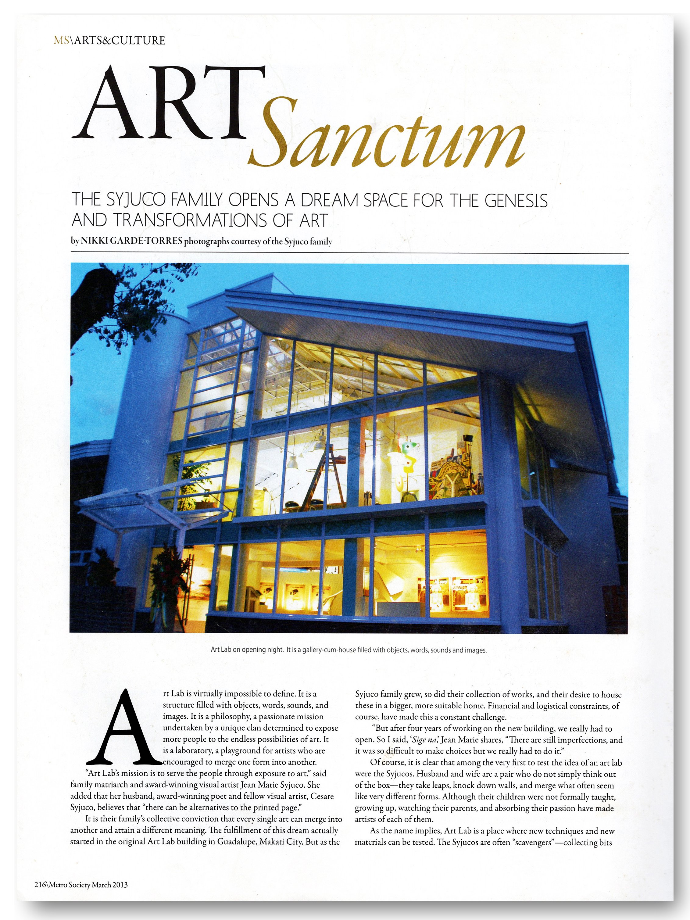 Art Lab Atelier Cesare and Jean Marie Syjuco featured in Metro Society magazine with title "Art Sanctum" - Art Lab The Syjuco Museum