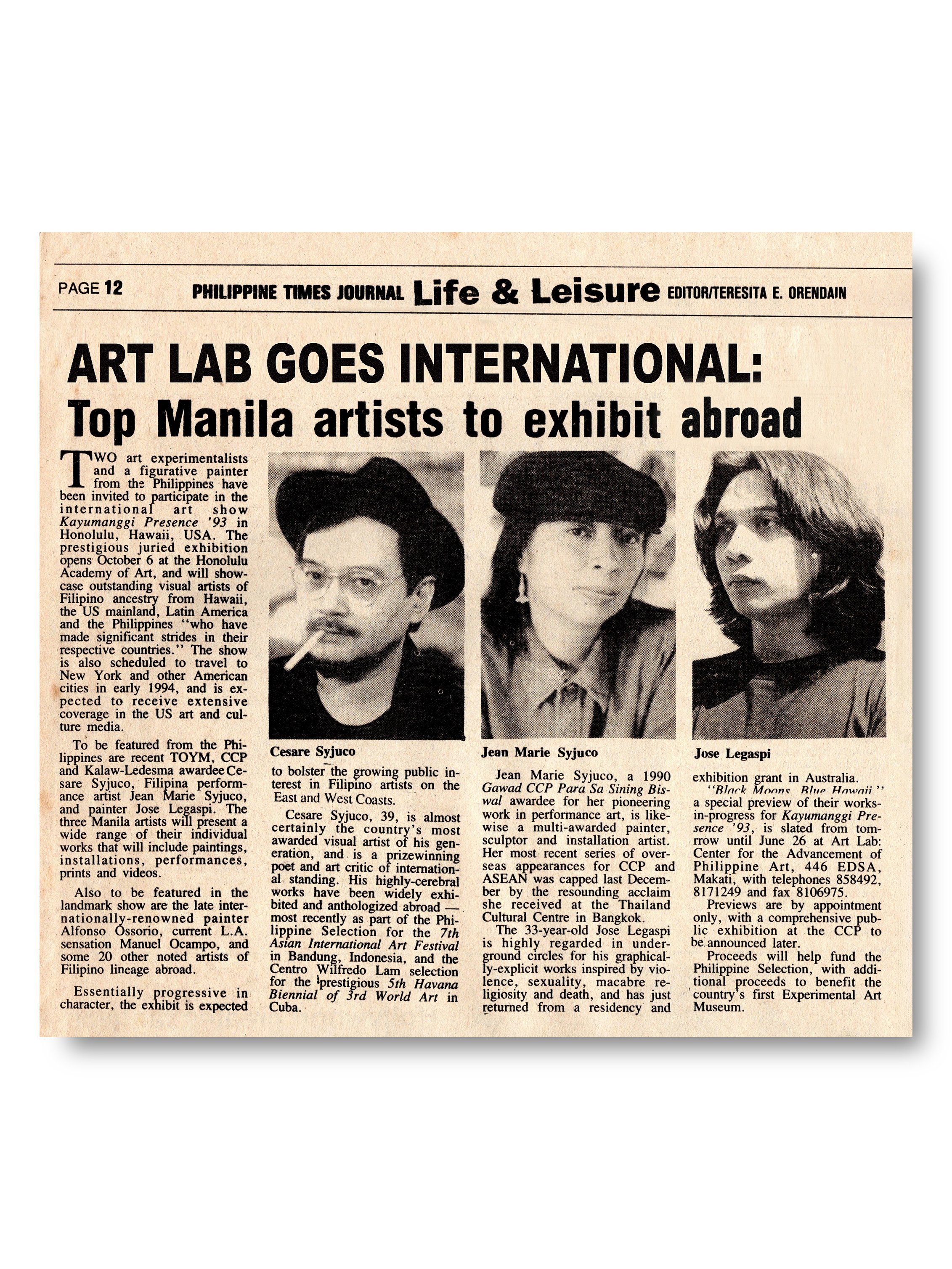 Cesare Syjuco, Jean Marie Syjuco and Jose Jojo Lesaspi in an article titled "Art Lab Goes International" - Art Lab The Syjuco Museum