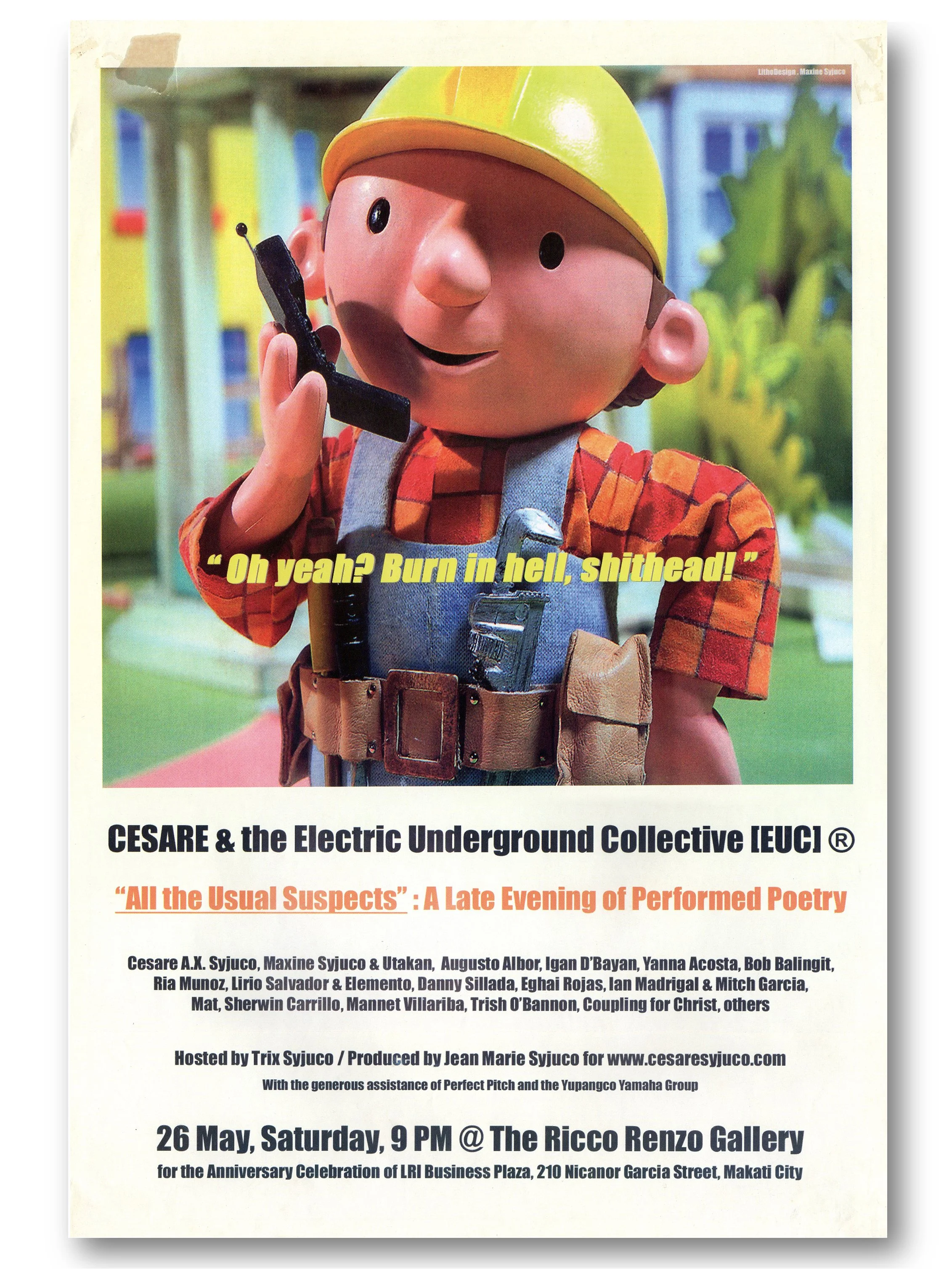 A promotional flyer for a performance by CESARE & the Electric Underground Collective (EUCI) featuring a cartoon character with a yellow hat, plaid shirt, and tool belt holding a walkie-talkie. The flyer provides event details including date, time, l