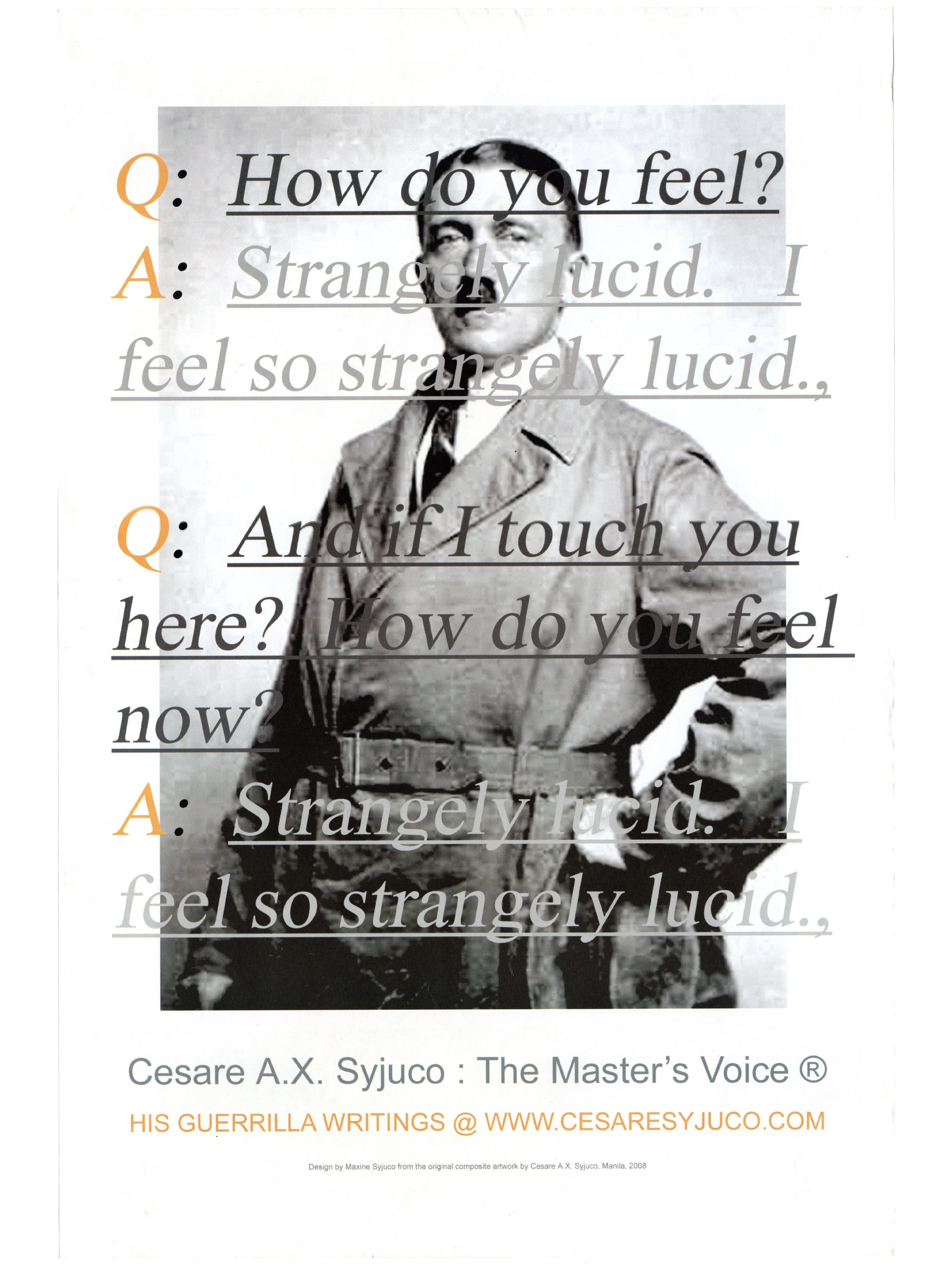 Cesare A.X. Syjuco: "The Master's Voice® (His Guerrilla Writings)", cesaresyjuco.com (2008) - Design by Maxine Syjuco from the original composite artwork by Cesare A.X. Syjuco