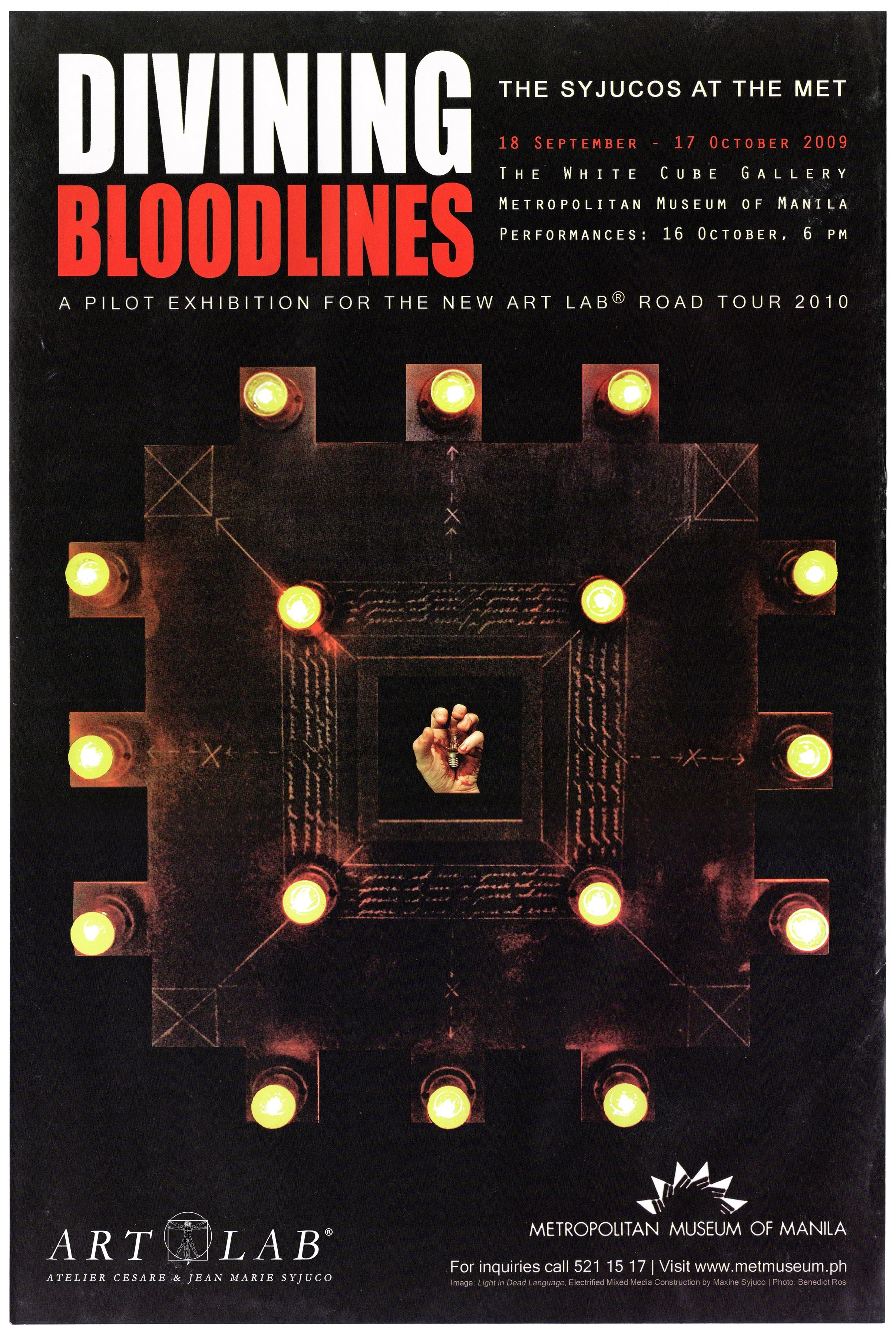 Poster advertising 'Diving Bloodlines: The Syjucos at The Met,' an art exhibition at the White Cube Gallery, Metropolitan Museum of Manila, from September 18 to October 17, 2009, with performances on October 16 at 6 pm. Features art by Maxine Syjuco.