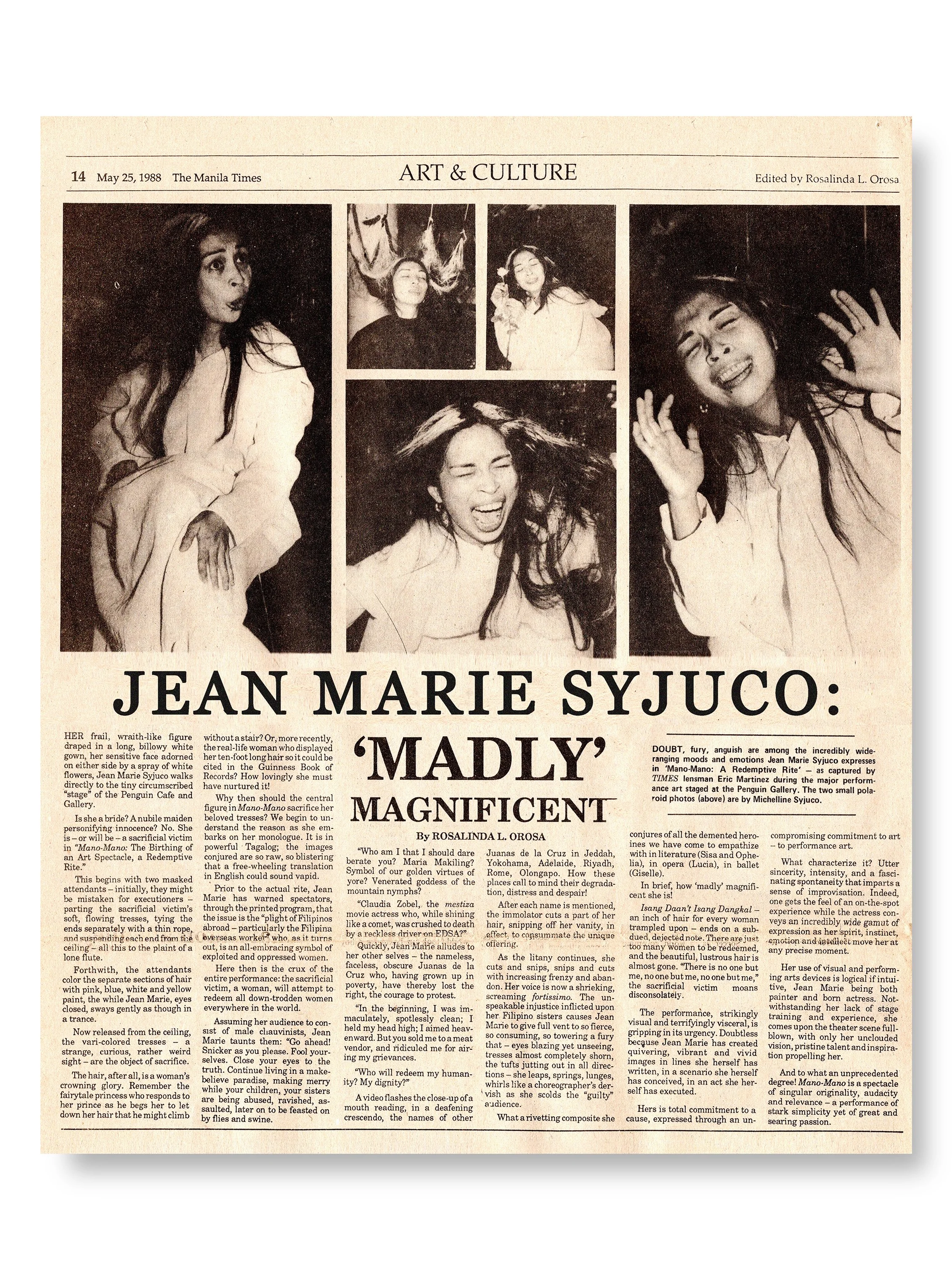 A black and white newspaper article from May 25, 1988, titled "Jean Marie Syjuco: Madly Magnificent," featuring the performance artist as the pioneer of performance art in the Philippines - Written by Rosalina Orosa - Art Lab The Syjuco Museum