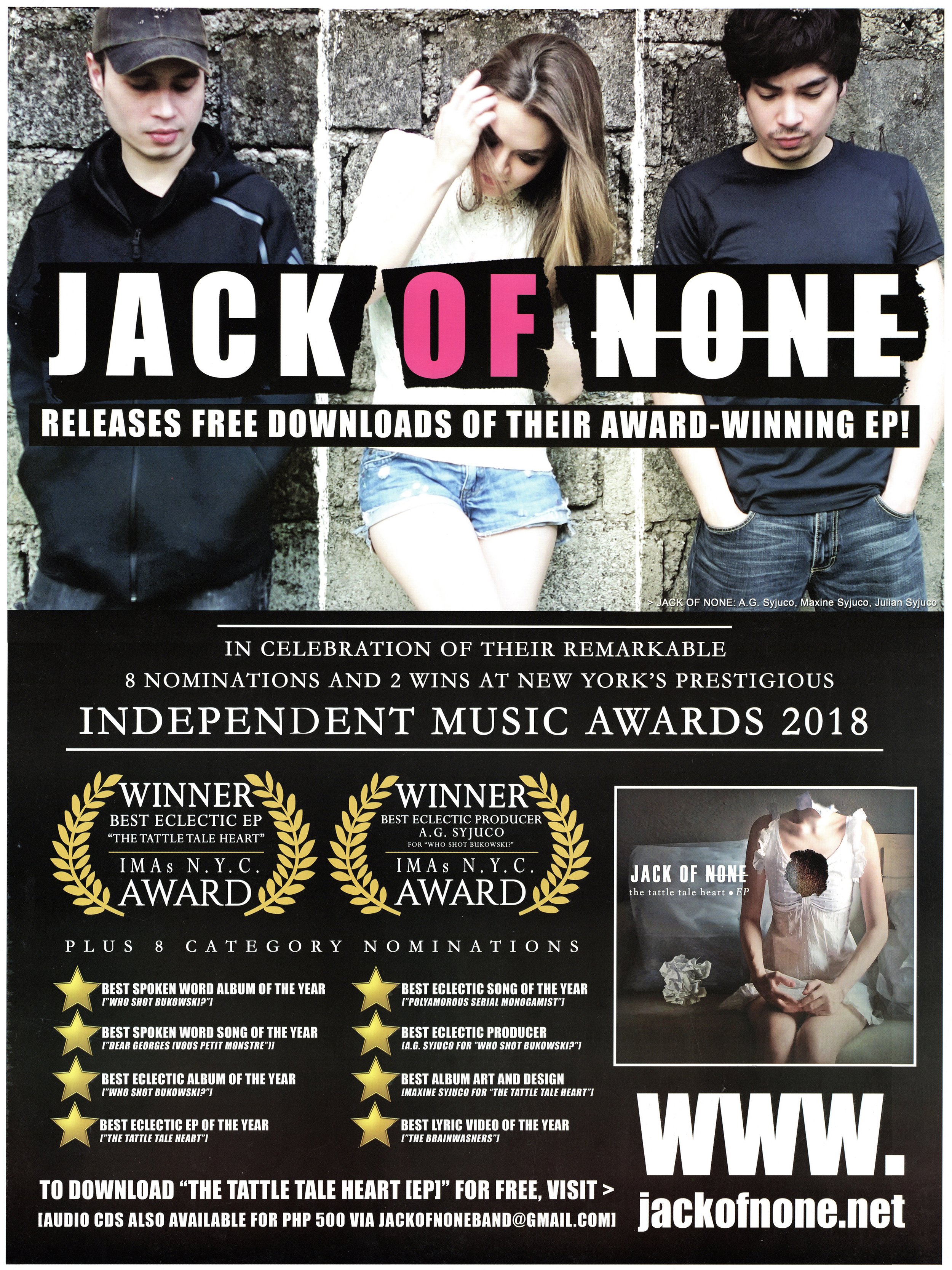 Jack of None Band [feat. A.G. Syjuco • Maxine Syjuco • Julian Syjuco]: "Releases Free Downloads of their Award-Winning Ep!", jackofnone.net (2018) - Design by Maxine Syjuco