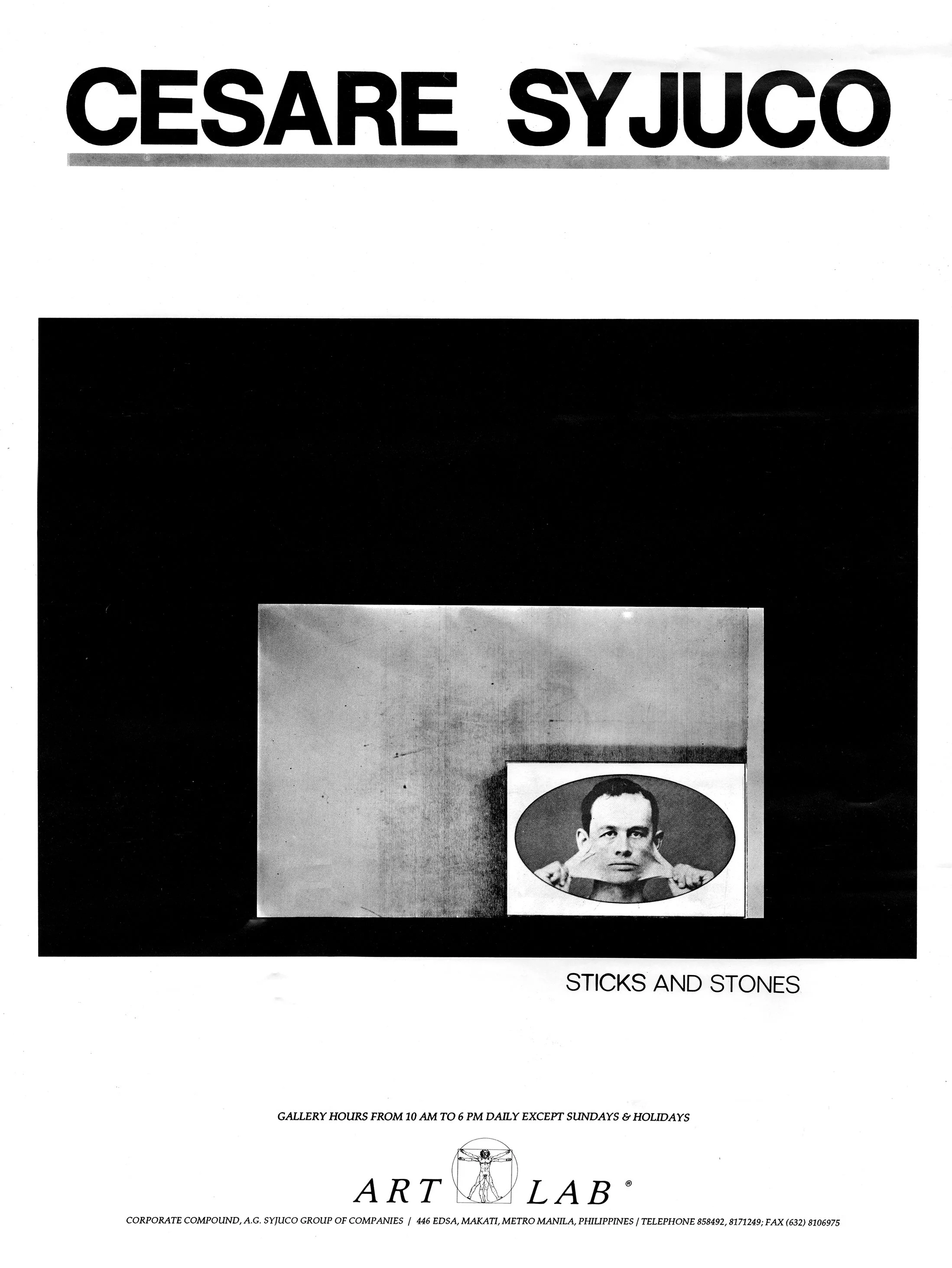 Black and white poster advertising an art exhibition featuring works titled "Sticks and Stones" at Art Lab, with gallery hours from 10 am to 6 pm daily except Sundays and holidays, and a logo of Leonardo da Vinci's Vitruvian Man.