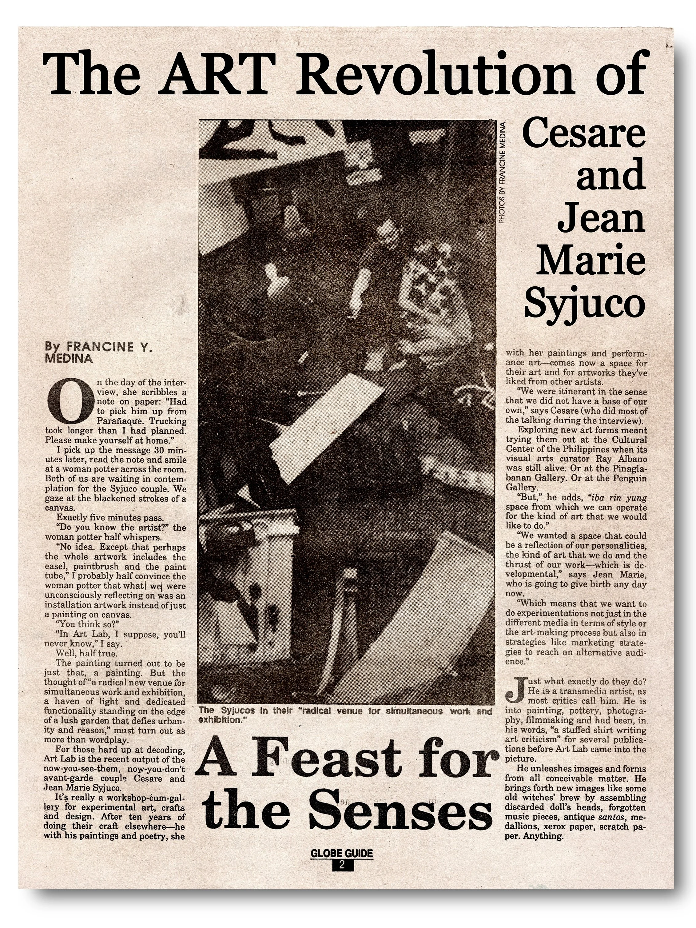A newspaper article titled 'The ART Revolution of Cesare and Jean Marie Syjuco' with a black-and-white photo of the couple seated on the floor of the original Art Lab in Edsa Makati Philippines - Art Lab The Syjuco Museum