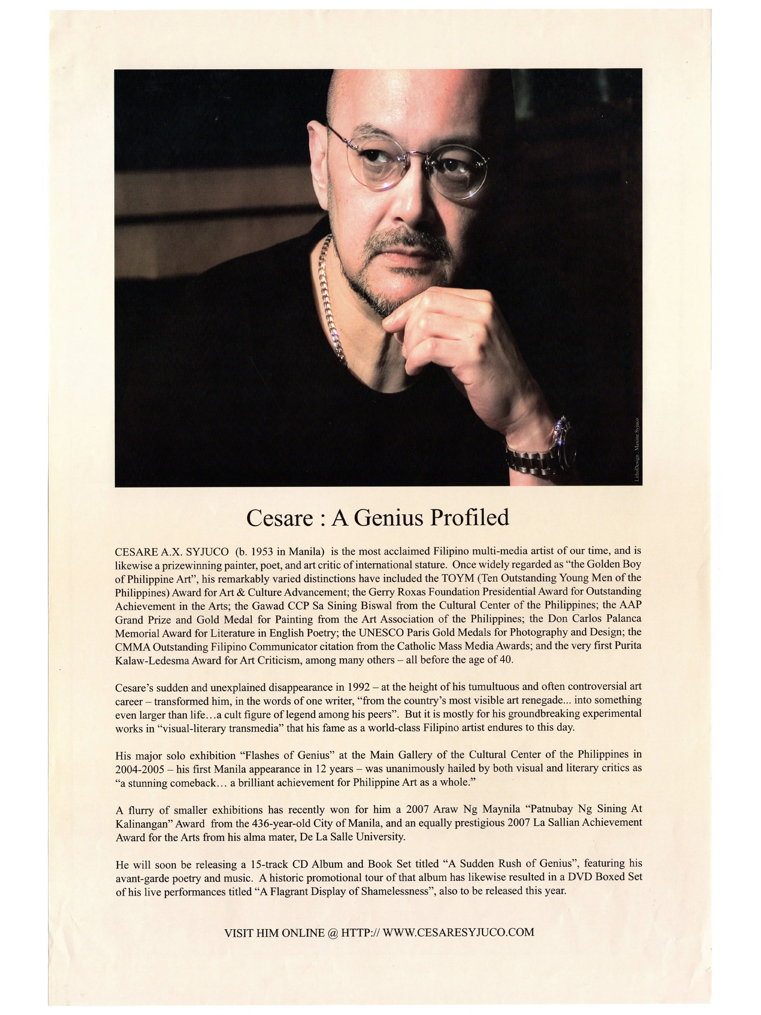 Cesare A.X. Syjuco: "Cesare : A Genius Profiled", cesaresyjuco.com (2011) - Photography + Design by Maxine Syjuco