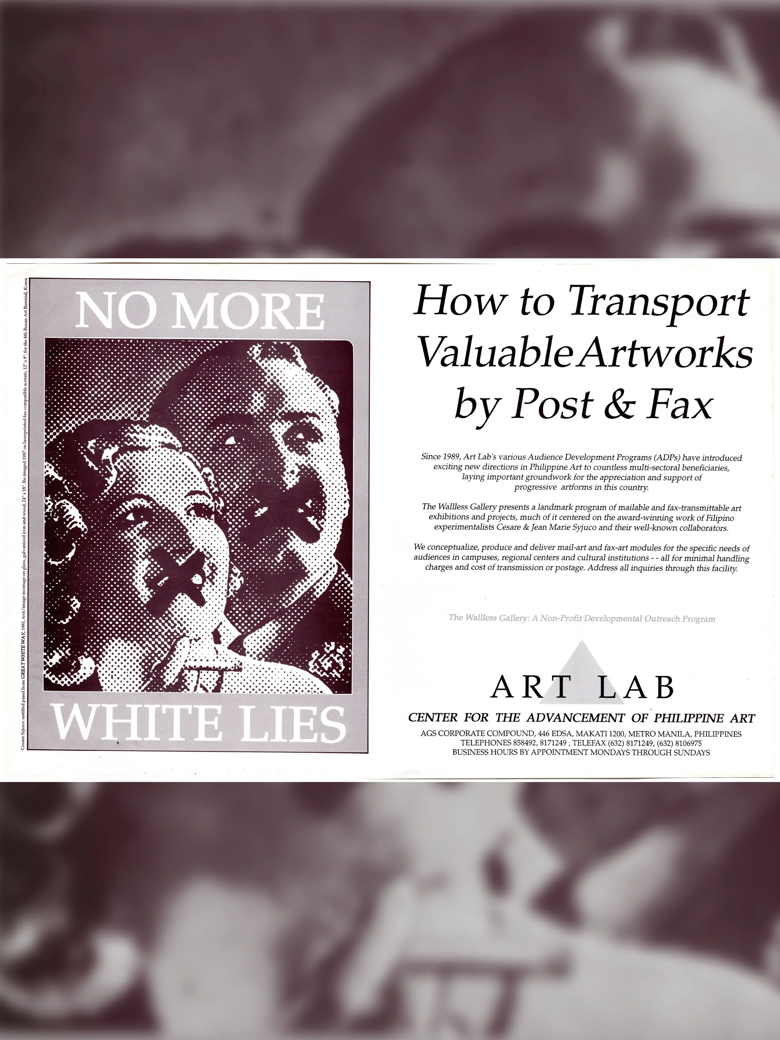 Cesare A.X. Syjuco and Jean Marie Syjuco: "How to Transport Valuable Artworks by Post & Fax", Art Lab® (1993) - Design by Cesare A.X. Syjuco from his series "Great White Way, 1981"