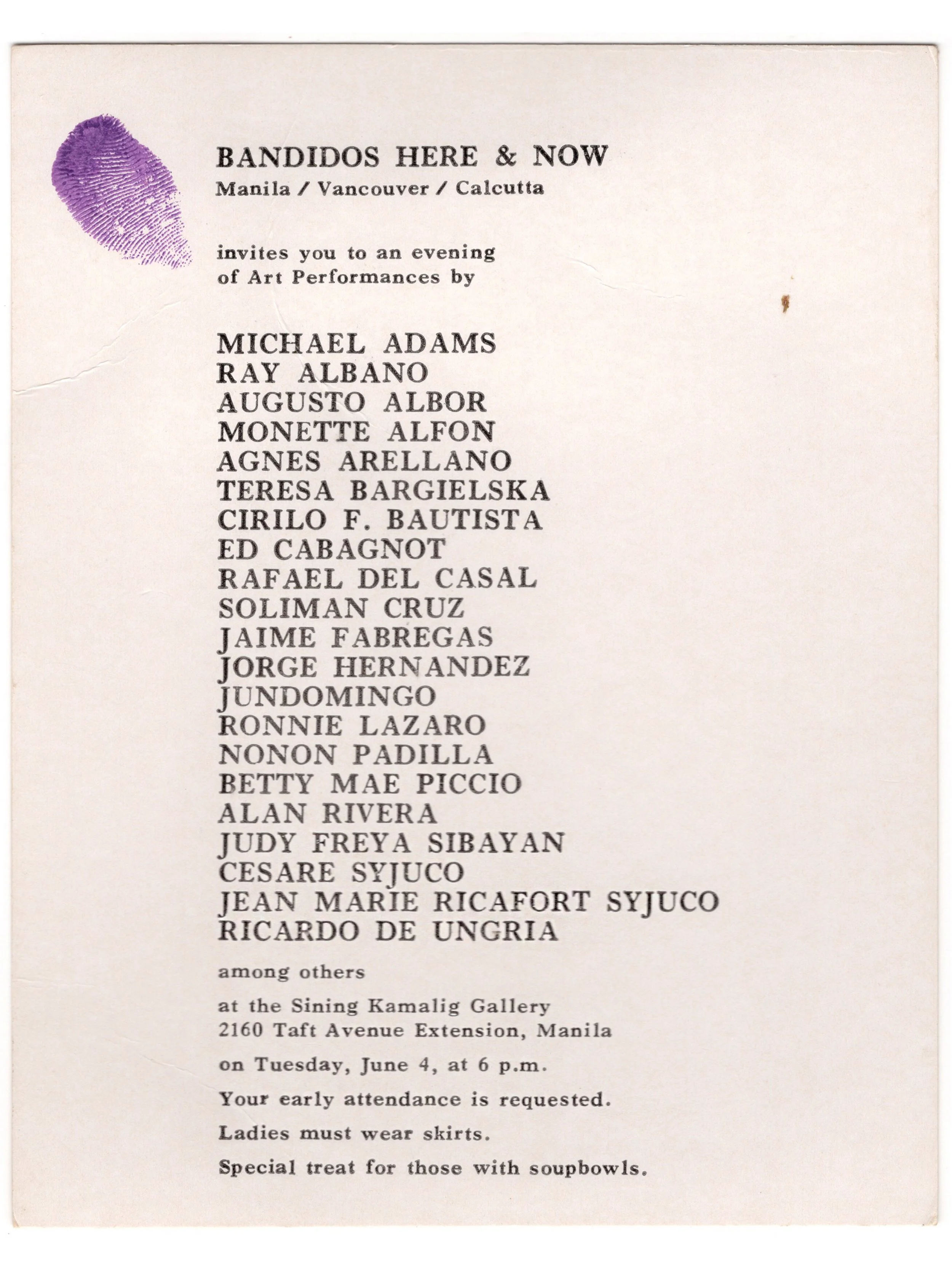 Cesare A.X. Syjuco • Jean Marie Syjuco • Michael Adams • Ray Albano • Augusto Albor • Monette Alfon • Agnes Arellano • Teresa Bargielska • Cirilo F. Bautista • Ed Cabagnot • Rafael Del Casal • Soliman Cruz • Jaime Fabregas • Jorge Hernandez • Jun Dom