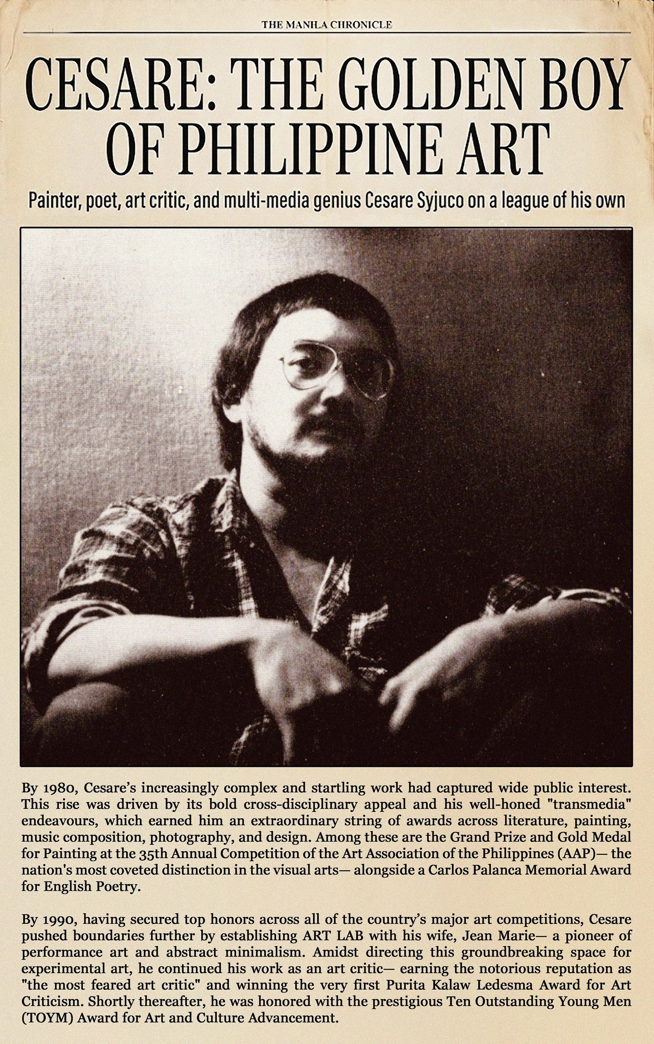 Artist Cesare A.X. Syjuco - newspaper and magazine feature titled "CESARE: The Golden Boy of Philippine Art". Art Lab: The Syjuco Museum. Library and Archives Collection.