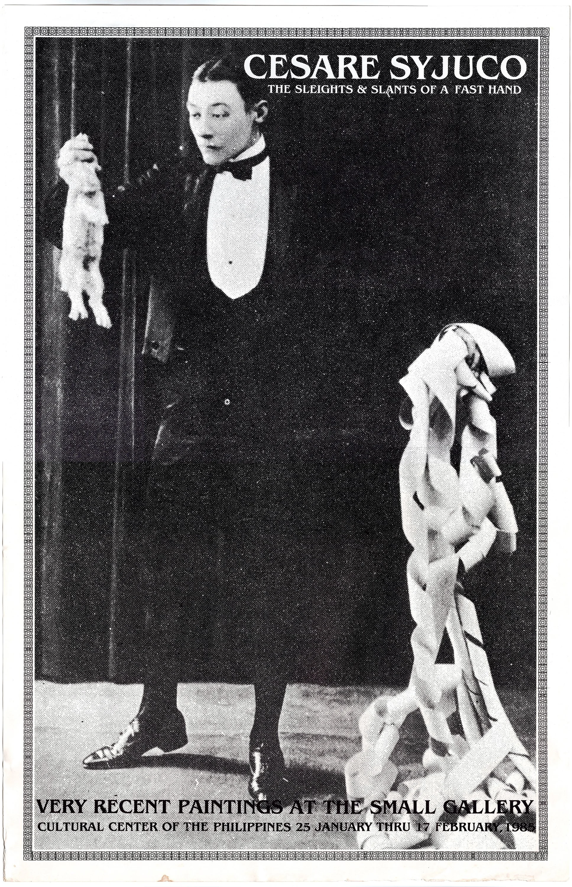 A black and white photograph of a man in formal attire with a tuxedo and bowtie holding a puppet or mannequin with a painted face and elaborate costume. The text at the top reads "Cesare Sjuco: The Sleights & Slants of a Fast Hand." The bottom text m