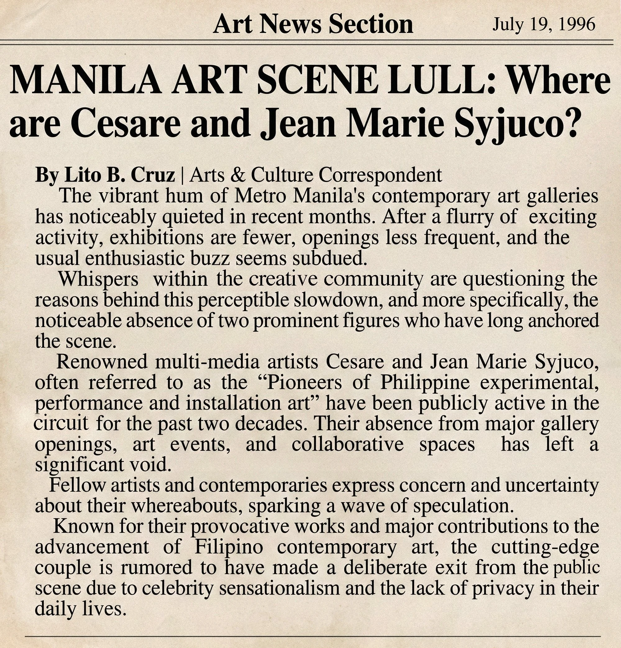 A newspaper article titled 'Manila Art Scene Lull: Where are Cesare and Jean Marie Syjuco?' dated July 19, 1996, discussing the contemporary art scene in Metro Manila.