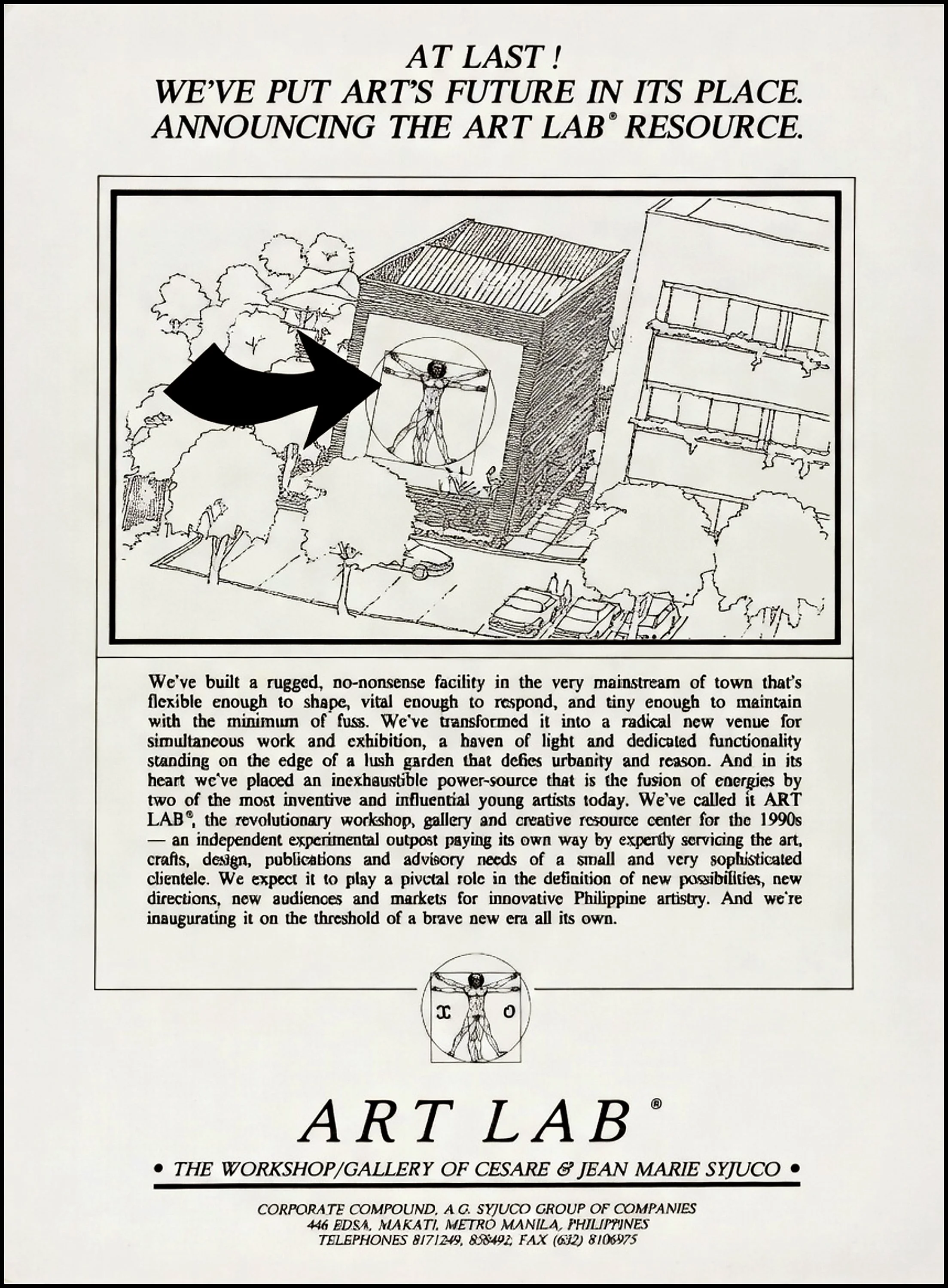 A flyer for ART LAB, a workshop and gallery of Cesare and Jean Marie Syjuco, announcing the establishment of their art space. It features a sketch of the space with a symbolic Vitruvian Man and text describing the project as a revolutionary, experime