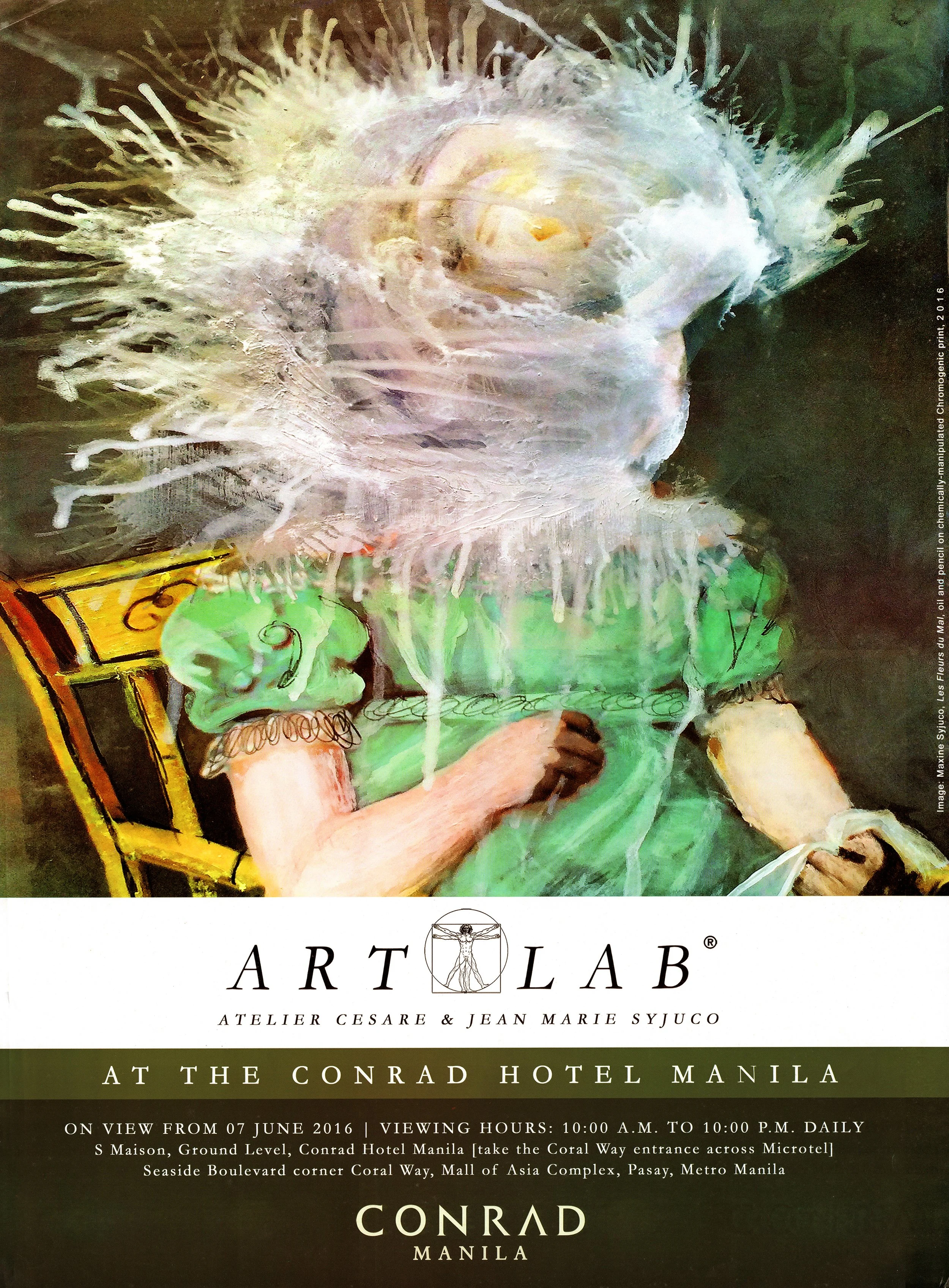 An art poster featuring a painting by Maxine Syjuco from her series "Fleur du Mal". The event is an art exhibit at Conrad Hotel featuring the Syjuco family of artists. Art Lab: The Syjuco Museum. Library and Archives Collection.