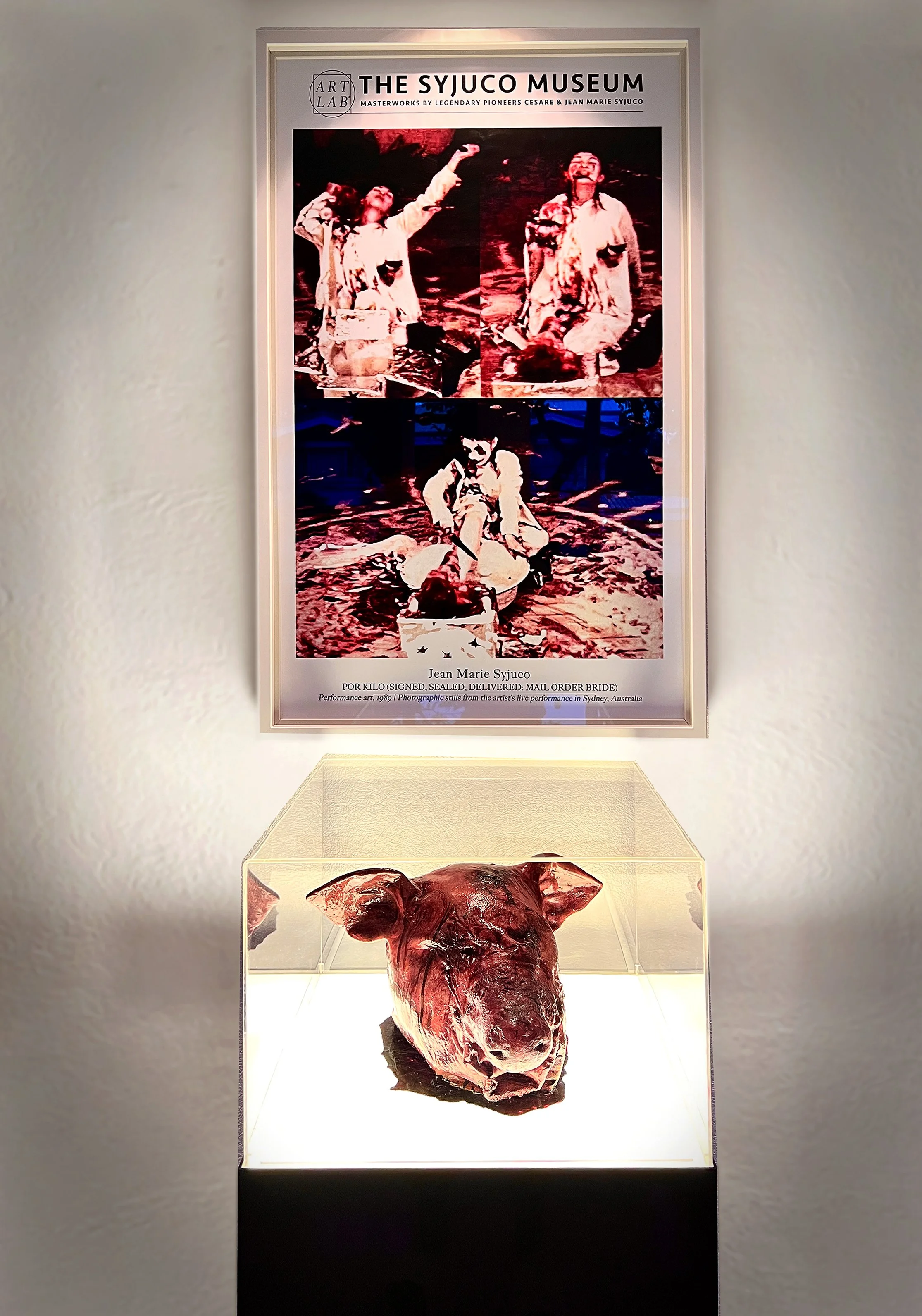 Art Lab The Syjuco Museum preview display of performance art piece by Jean Marie Syuco, titled "Por Kilo" from 1989, and an installation sculpture by Maxine Syjuco of a pig's head in a glass box