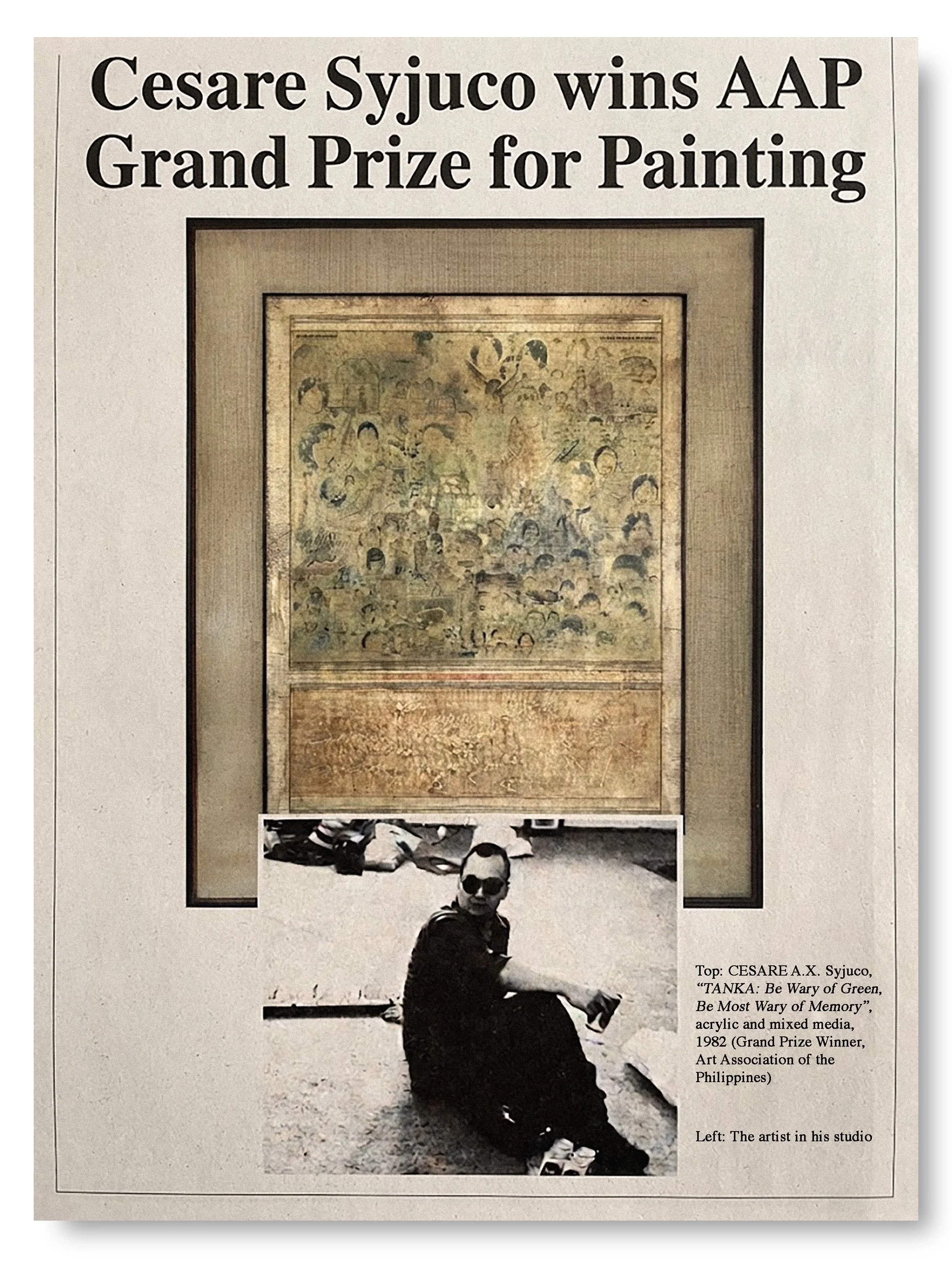 Photograph of a newspaper page featuring an artwork titled 'TANKA: Be Wary of Green, Be Most Wary of Memory' by Cesare Syjuco, the grand prize winner at the Art Association of the Philippines in 1982. The artwork is a mixed media piece. Below is a bl