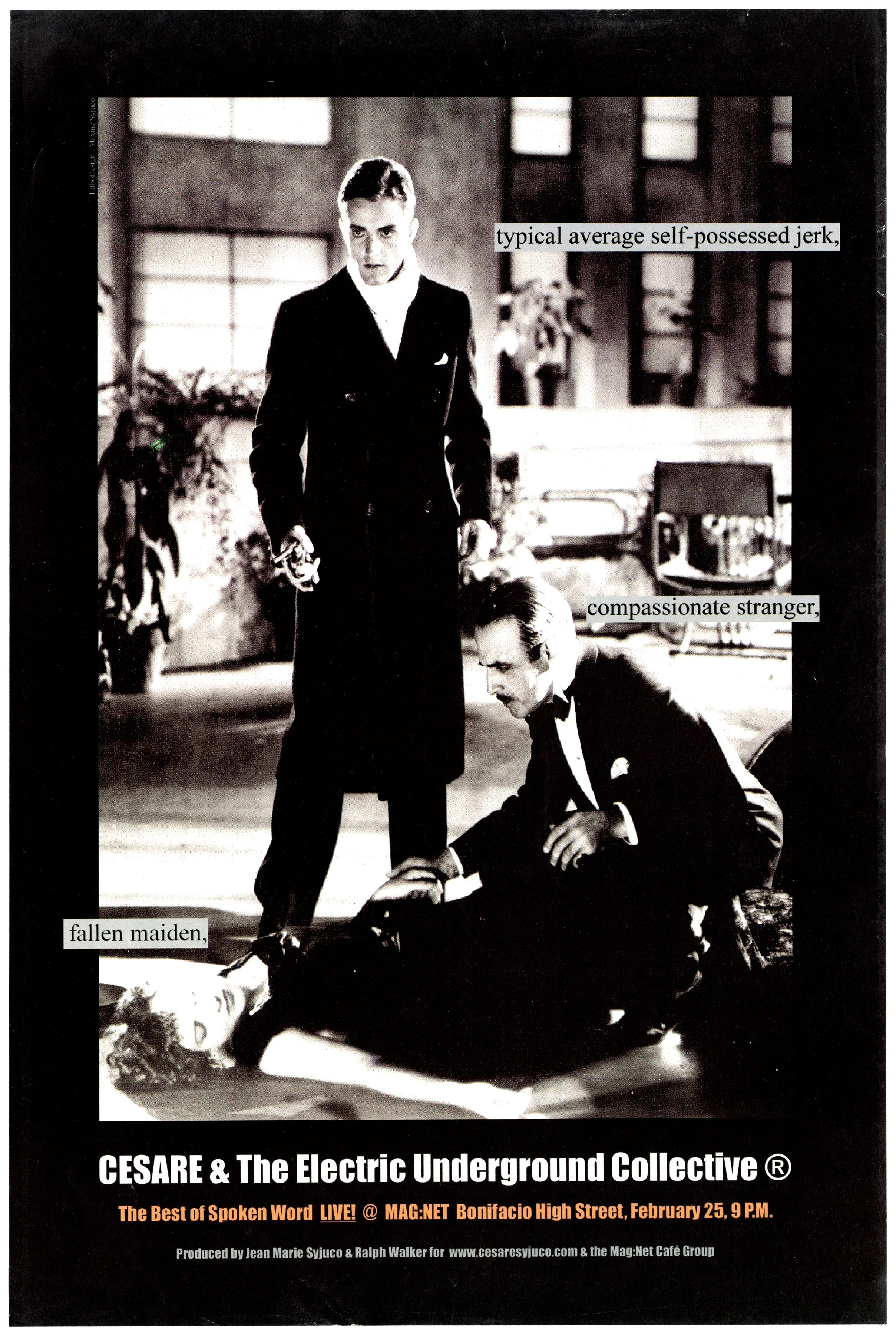 A black and white photo of two men dressed in formal tuxedos. One man is standing holding a cigarette, while the other is kneeling on the ground, appearing to be hurt or unconscious. The photo is overlaid with text describing a performance by Cesare 