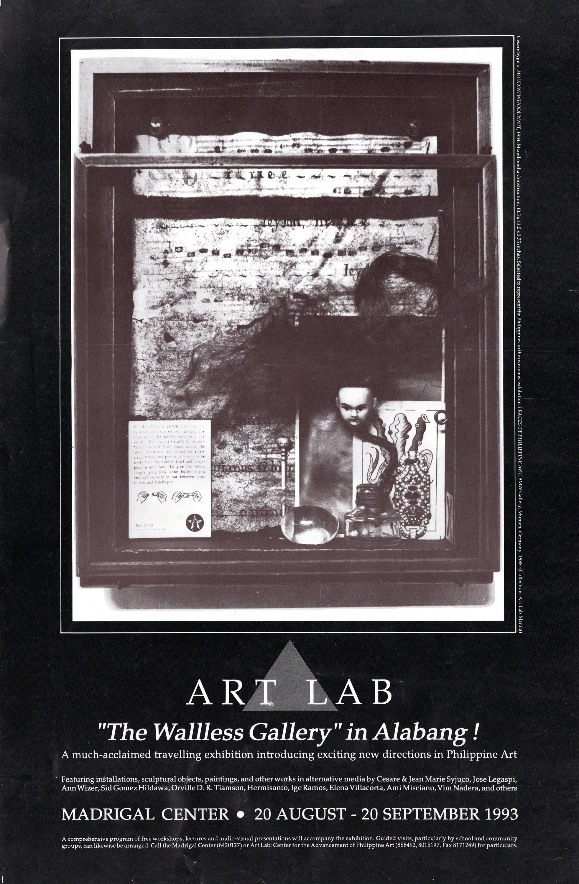 Poster for an art exhibition titled "Art Lab" at The Wallless Gallery in Alabang, running from August 20 to September 20, 1993. The poster features an image of an art piece with text and sculptures and includes details about the exhibition, which sho