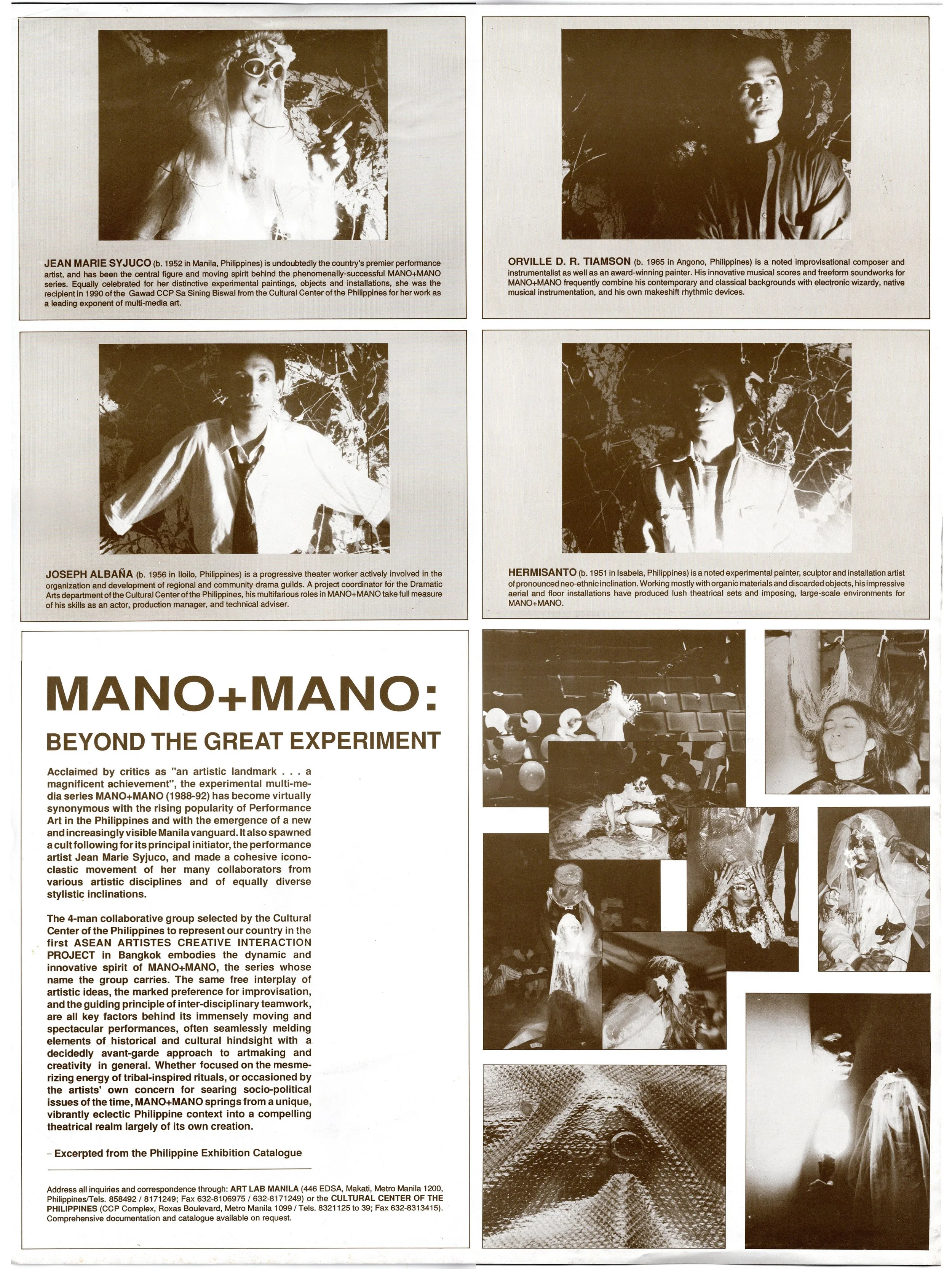 Jean Marie Syjuco • Orville D.R. Tiamson • Joseph Albaña • Hermisanto: "Mano + Mano: The Bangkok Project/Beyond The Great Experiment" [back], Thailand Cultural Center (1992) - Photography by Cesare A.X. Syjuco