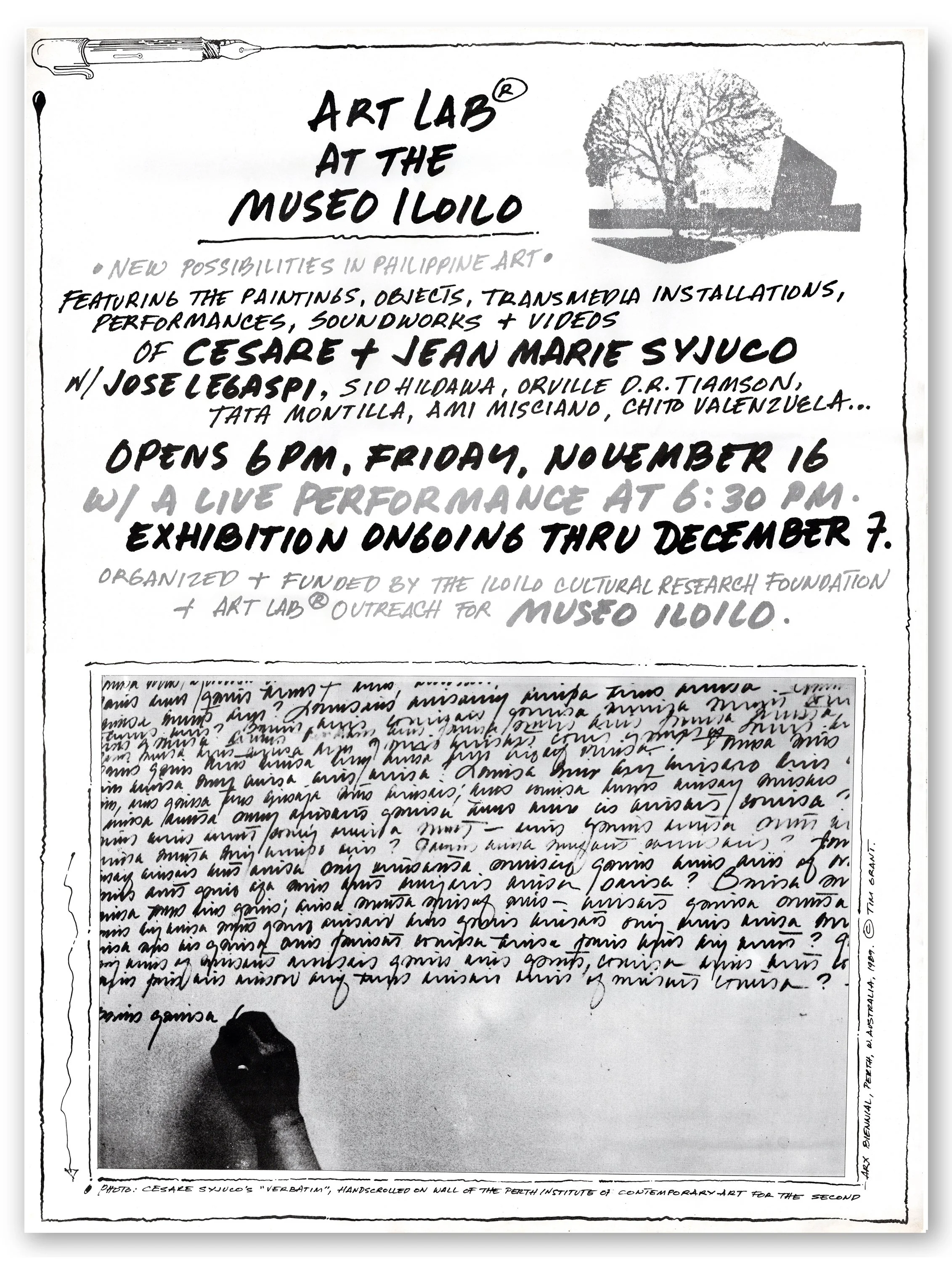 Art Lab at Museo Iloilo featuring Philippine art and performances with a black and white photograph of Cesare's handwriting- Cesare Syjuco, Jean Marie Syjuco, Jose LEGASPI, SID HILDAWA, tata Montilla, ami misciano, chito valenzuela - Syjuco Museum