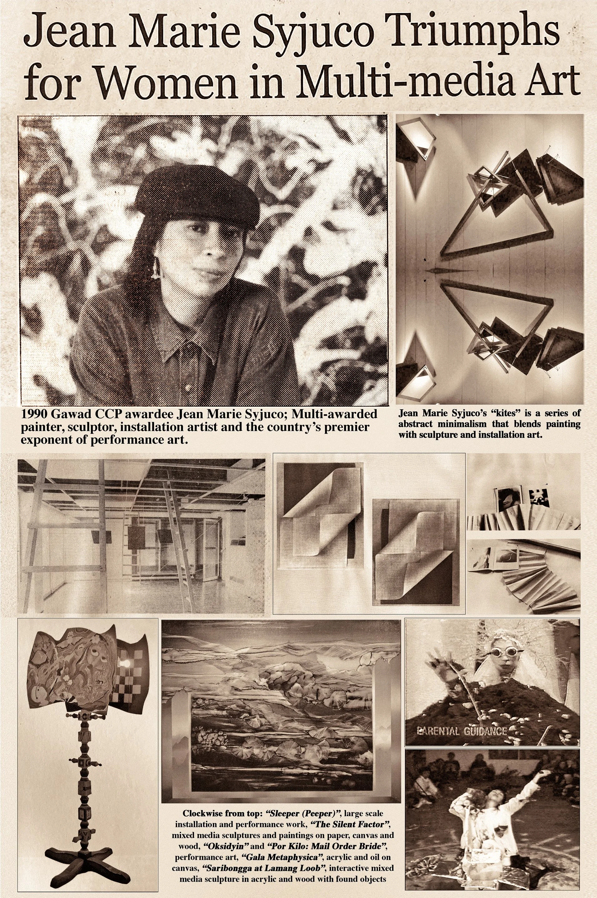 Feature on artist Jean Marie Syjuco for women empowerment and feminism. The title is "Jean Marie Syjuco Triumphs for Women in Multimedia Art". Her art and artworks are shown. Art Lab: The Syjuco Museum. Library and Archives Collection.