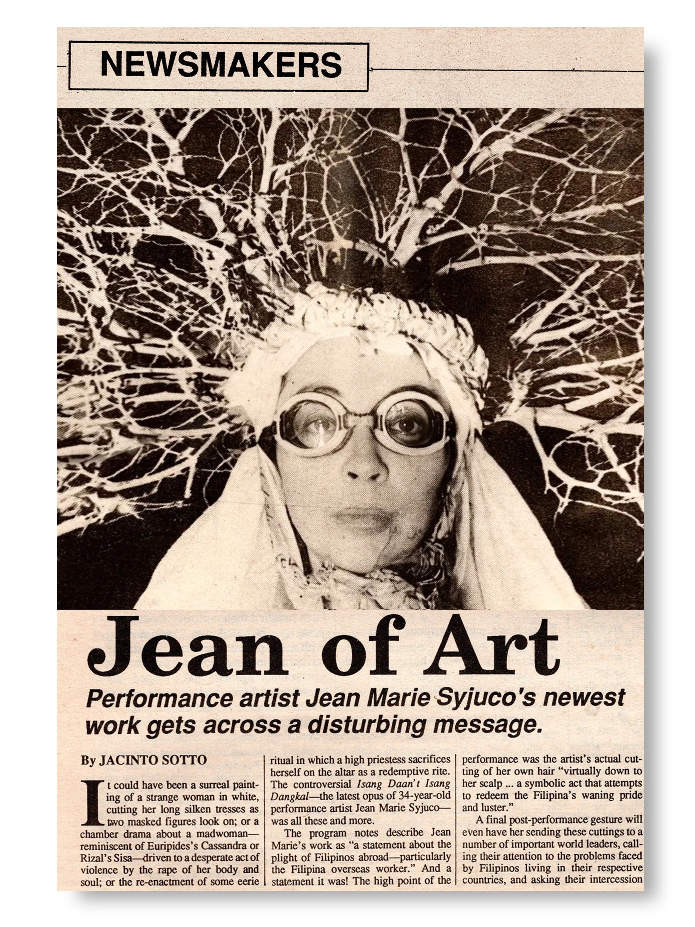Jean Marie Syjuco pioneers performance art in the Philippine - article titled "Jean of Art" written by Jacinto Sotto - Art Lab The Syjuco Museum