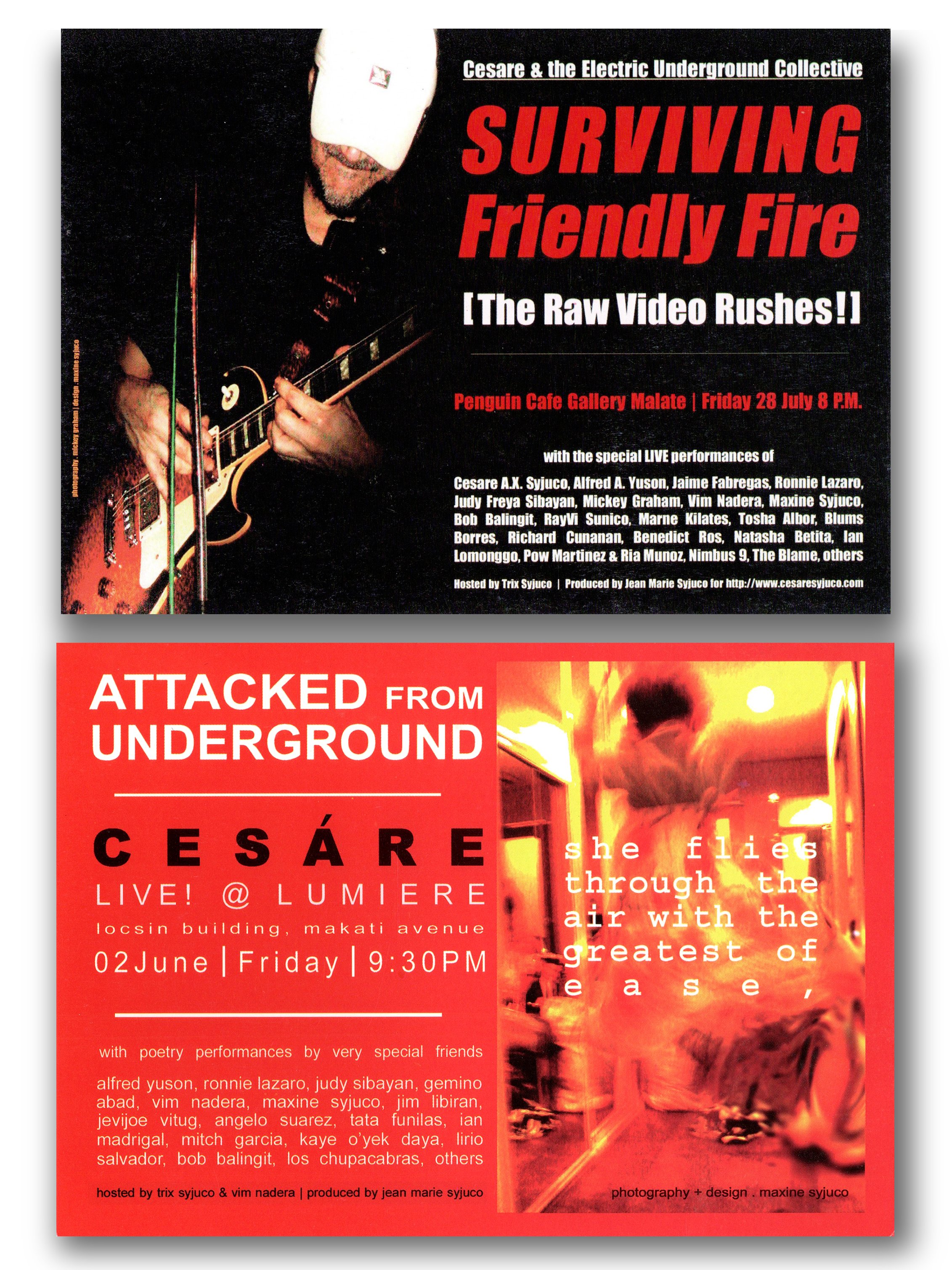 Poster for Cesare & the Electric Underground Collective event titled 'Surviving Friendly Fire' featuring live video performances at Lumière in Makati, Philippines on June 2nd at 9:30 PM. design by Maxine Syjuco - art lab the Syjuco museum