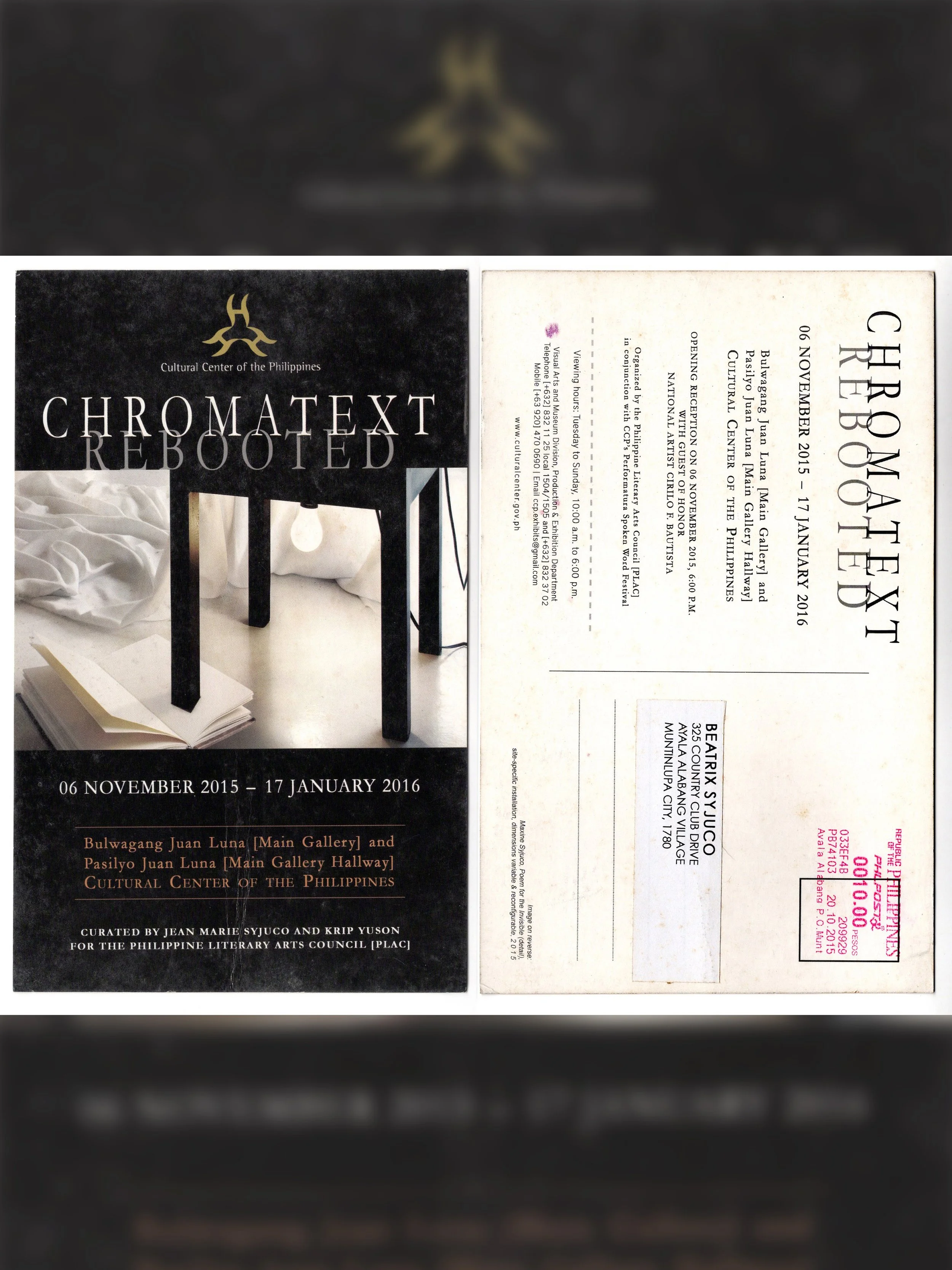 Cesare A.X. Syjuco • Jean Marie Syjuco • Krip Yuson: "Chromatext Rebooted", Cultural Center of the Philippines (2015-2016)