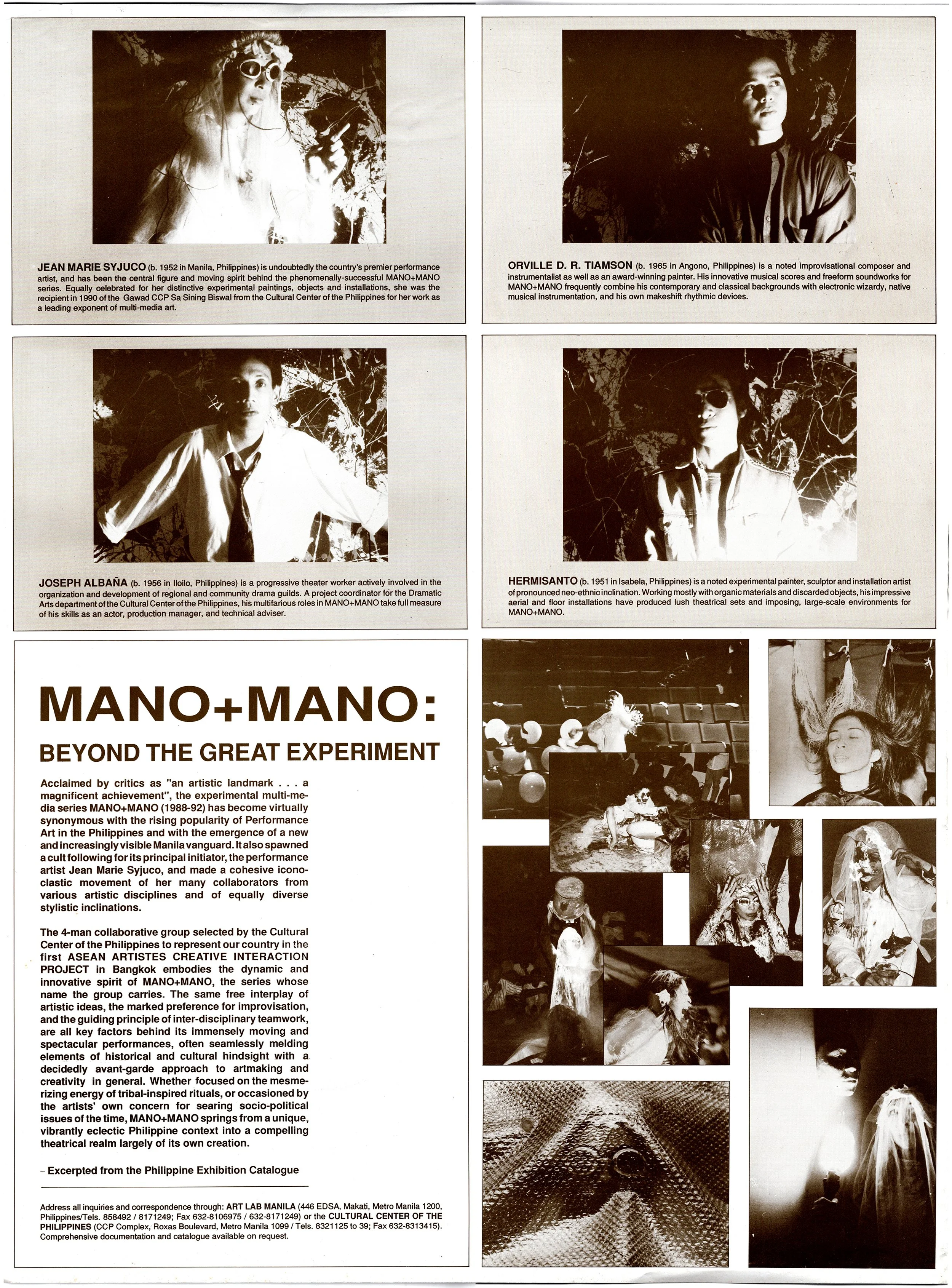 A page from the Philippine Exhibition Catalogue featuring black and white photographs of artists and artistic performances, with descriptions of each artist. The images include portraits of artists, performance scenes, and artwork elements. The text 