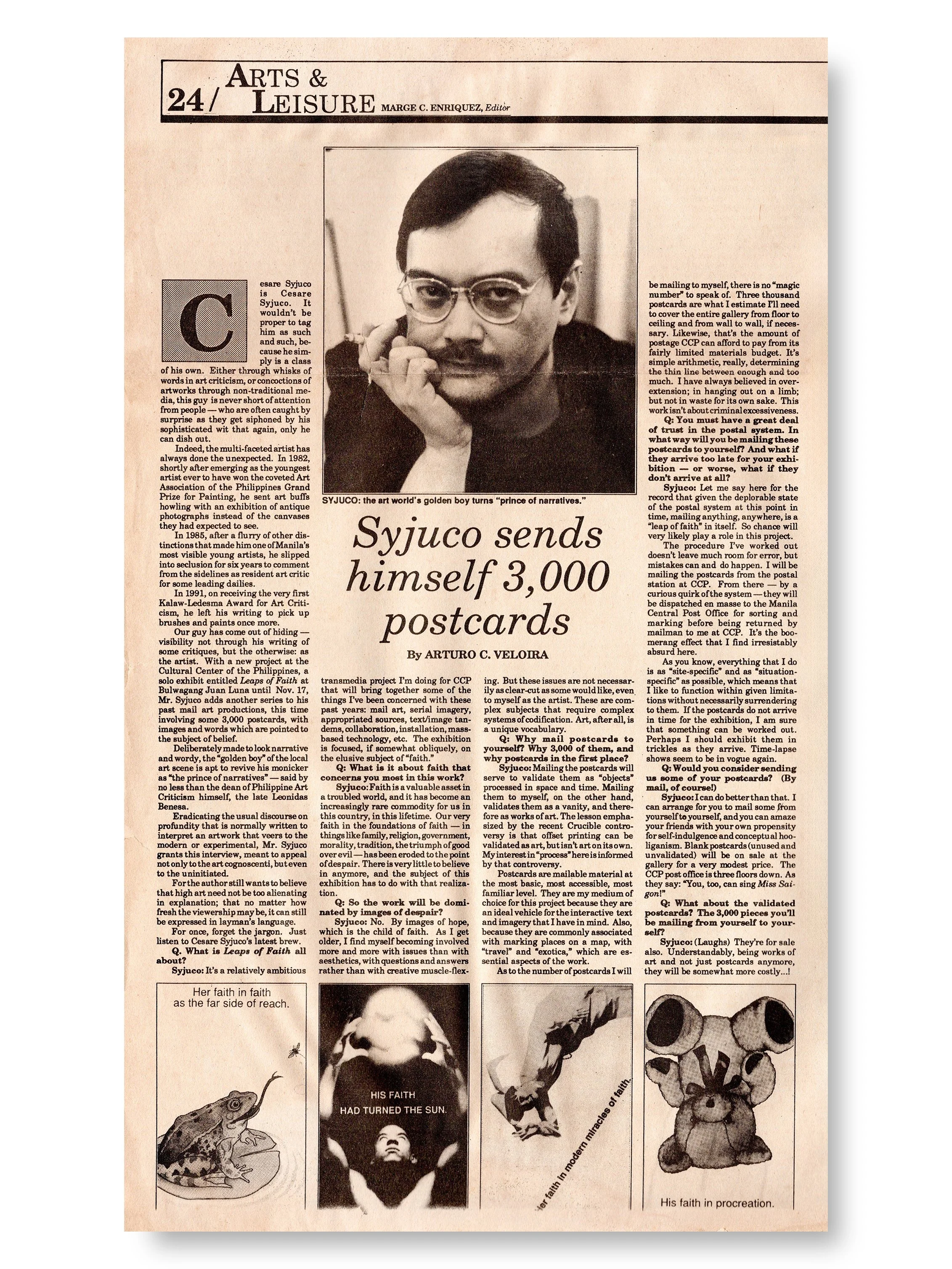 A newspaper page featuring an article about artist Cesare Syjuco, with a black-and-white portrait of him. 3,000 postcards from himself to himself in his exhibit titled "Leaps of Faith" at the Cultural Center of the Philippines CCP. Syjuco Museum