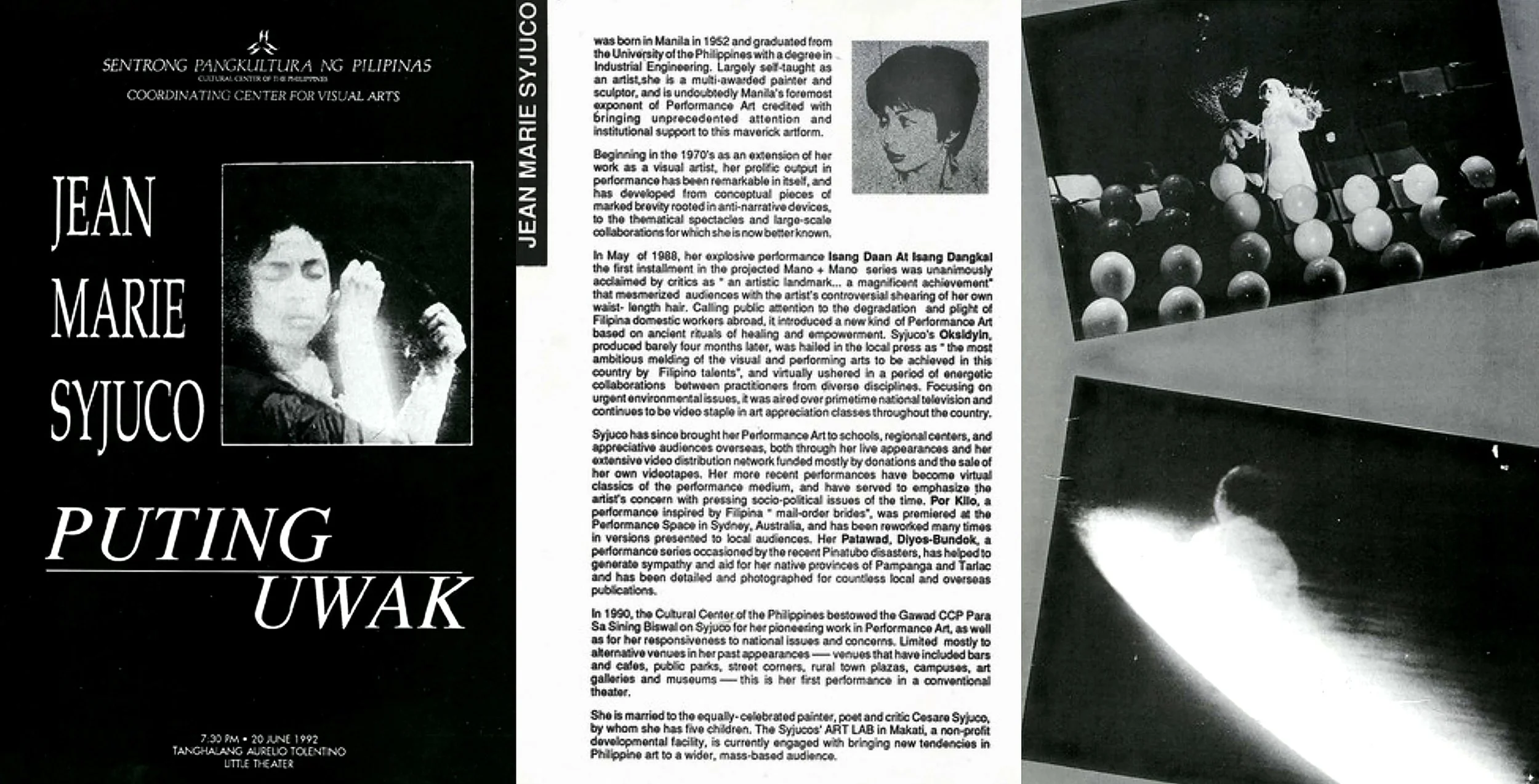 Performance artist Jean Marie Syjuco. Her performance titled "Puting Uwak" at The Cultural Center of the Philippines CCP. Catalogue and brochures. Art Lab: The Syjuco Museum. Library and Archives Collection.