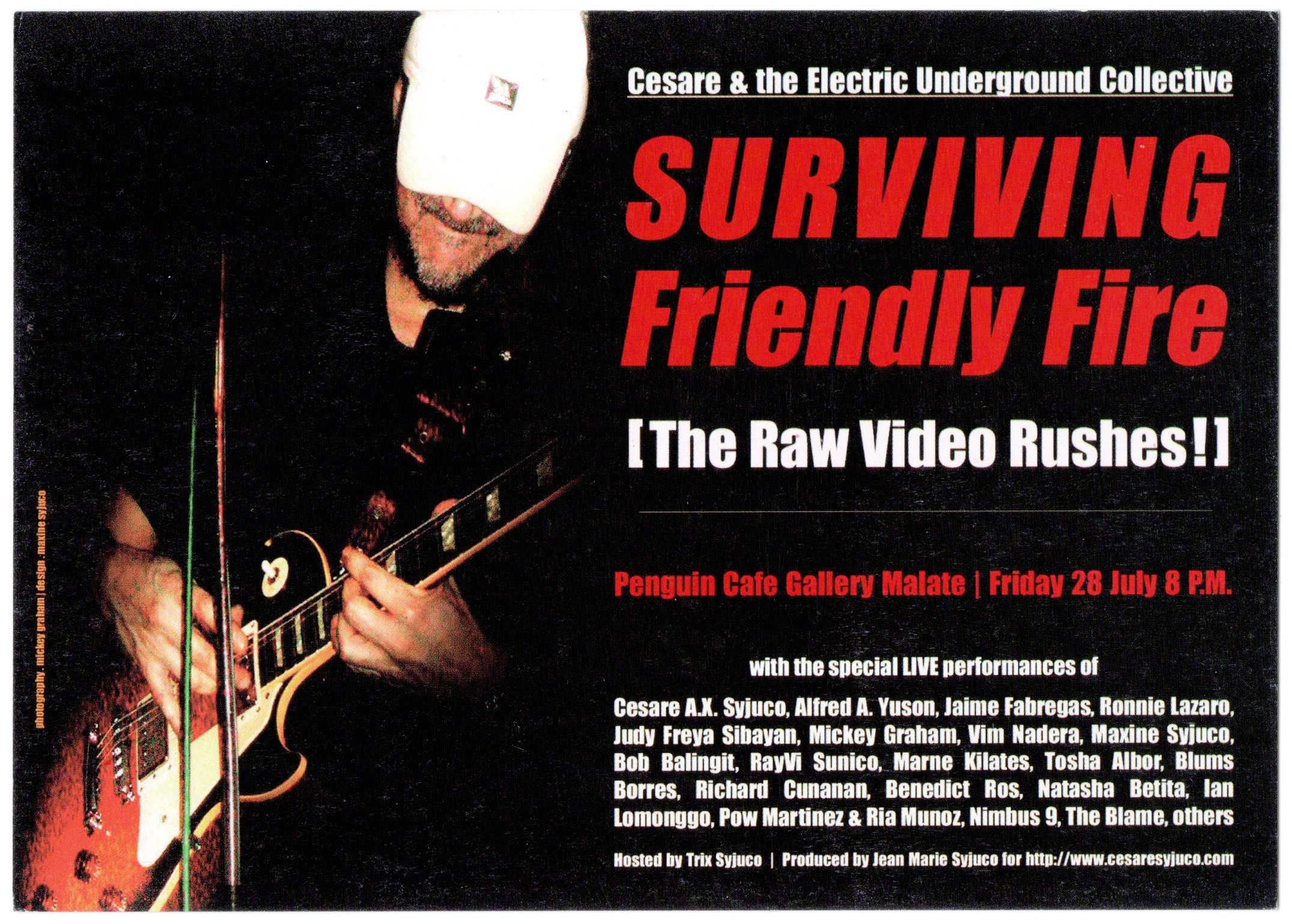 A poster promoting a live music event featuring Cesare and the Electric Underground Collective, with a black background and large red text saying 'SURVIVING FIRE'. The poster shows a man playing an electric guitar, wearing a white mask covering his e