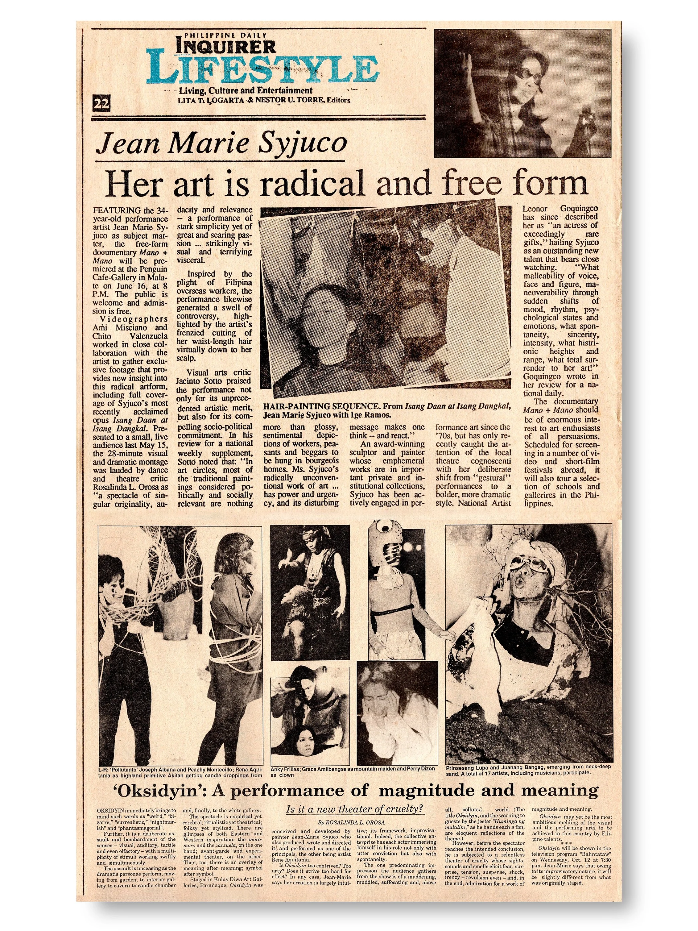 A vintage newspaper page featuring an article about artist Jean Marie Syjuco with photos of her and her artwork, including performance art. The headline reads "Her art is radical and free form," and a smaller headline below discusses an art performan