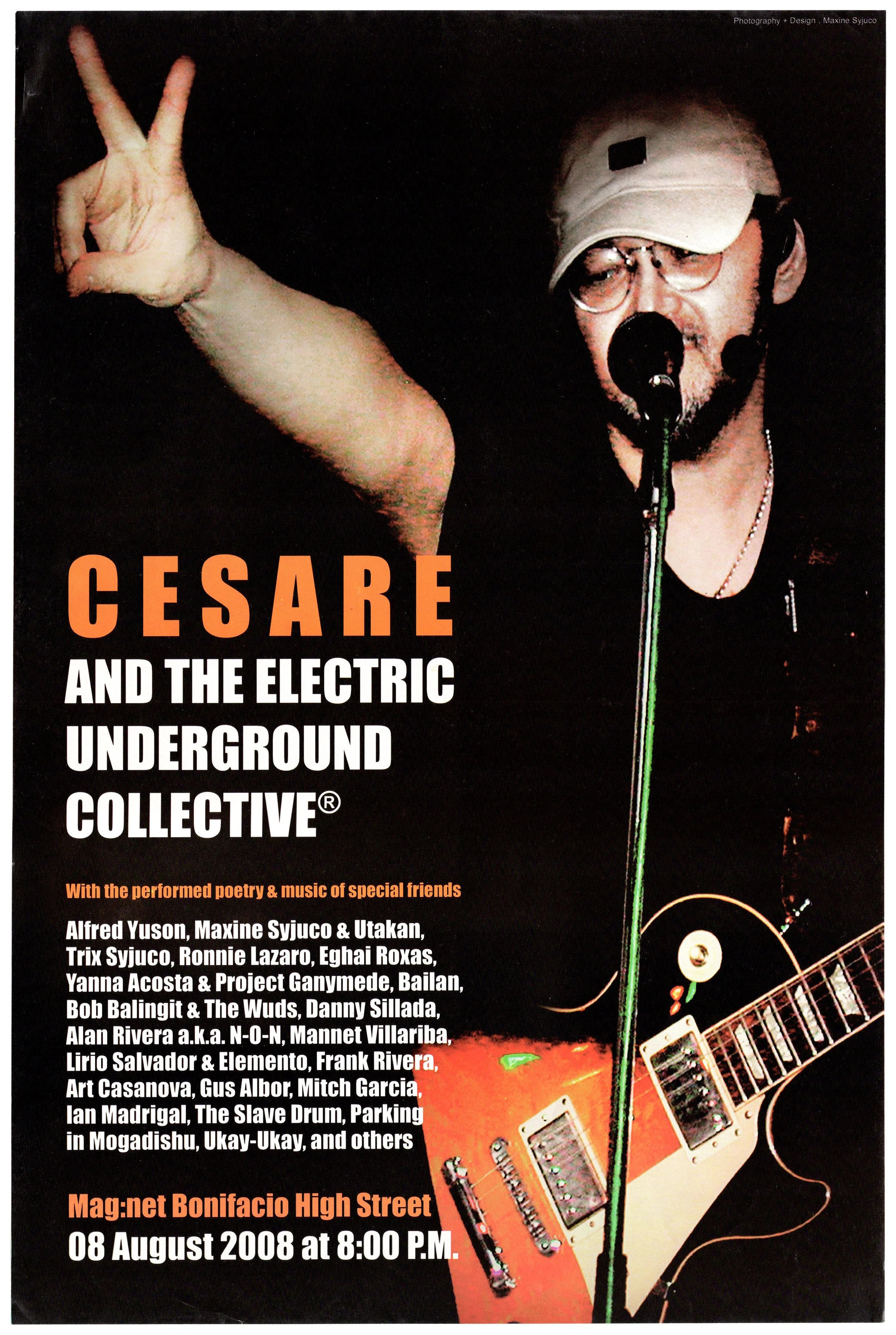 Poster for a music event featuring Cesare and other artists, with a close-up photograph of an electric guitar and a man wearing a beige cap and glasses singing into a microphone.