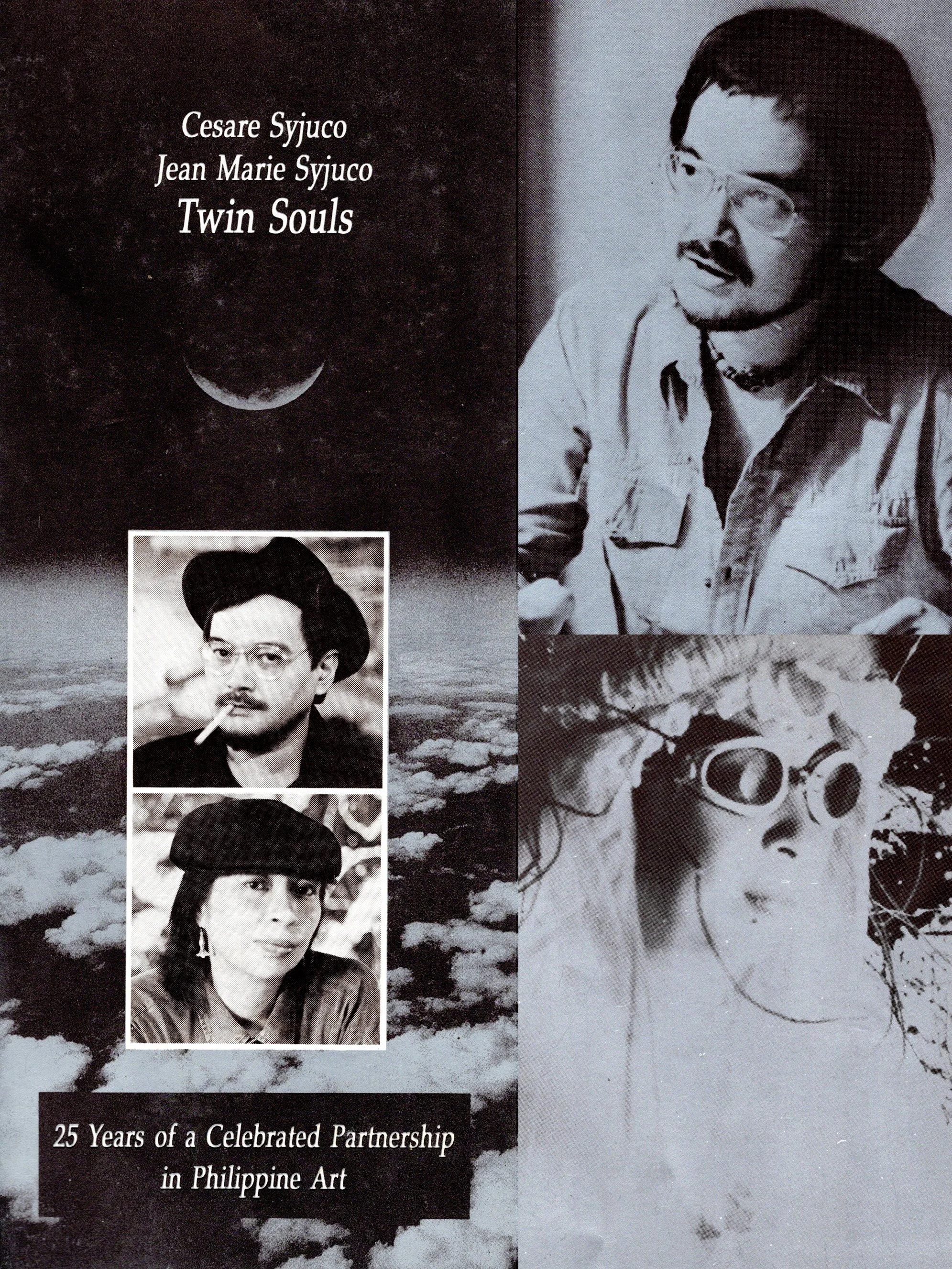 Black-and-white collage of three people, two men and one woman, with text that reads '25 Years of a Celebrated Partnership in Philippine Art' and the names Cesare Syuco and Jean Marie Syuco. The right side features a man with glasses and facial hair,