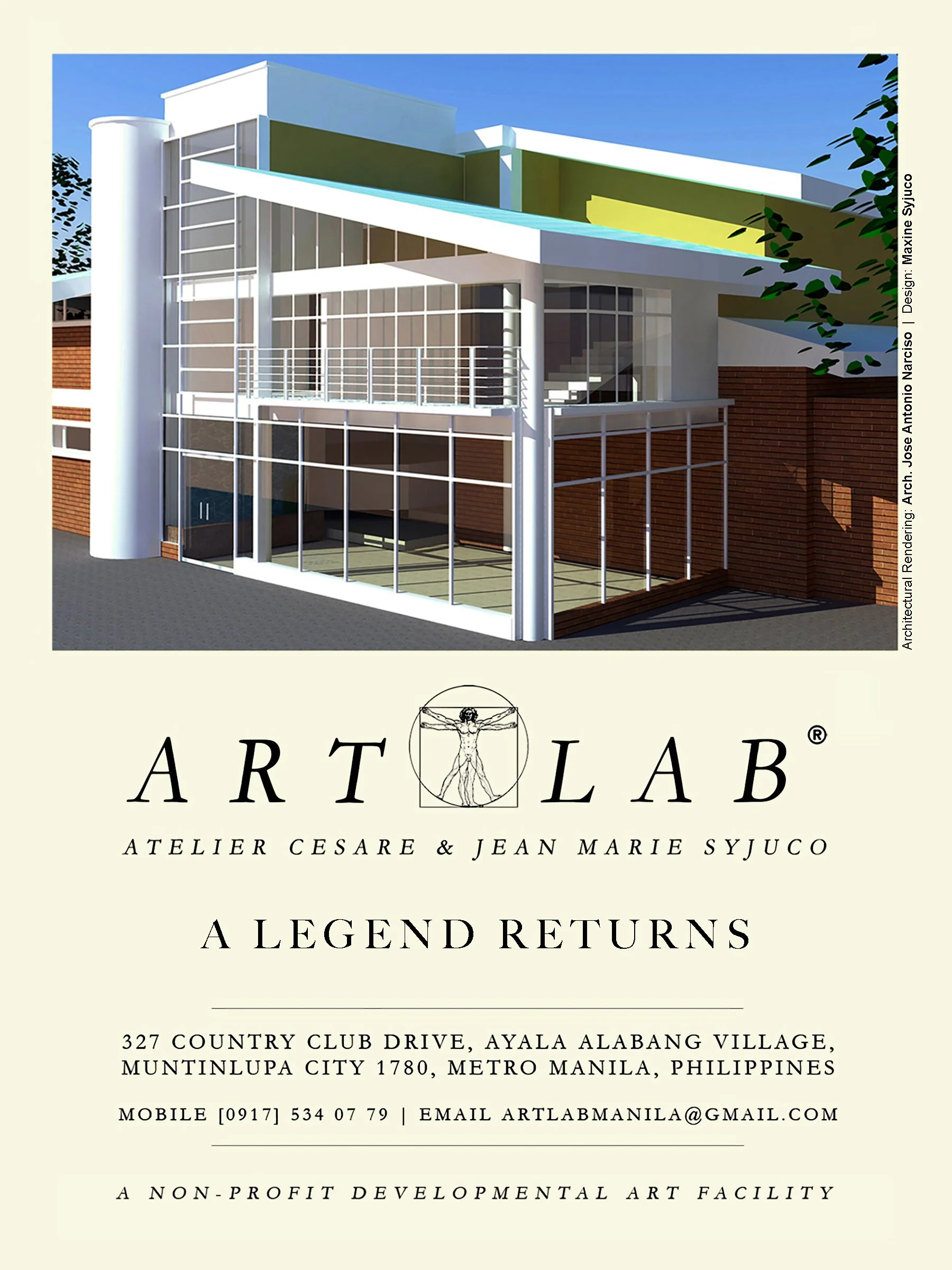 ART LAB: Atelier Cesare and Jean Marie Syjuco - A Legend Returns. Postcard and invitation. Designed by Maxine Syjuco, architectural rendering by Jose Antonio Jae Narciso. 2013. Art Lab: The Syjuco Museum. Library and Archives Collection.
